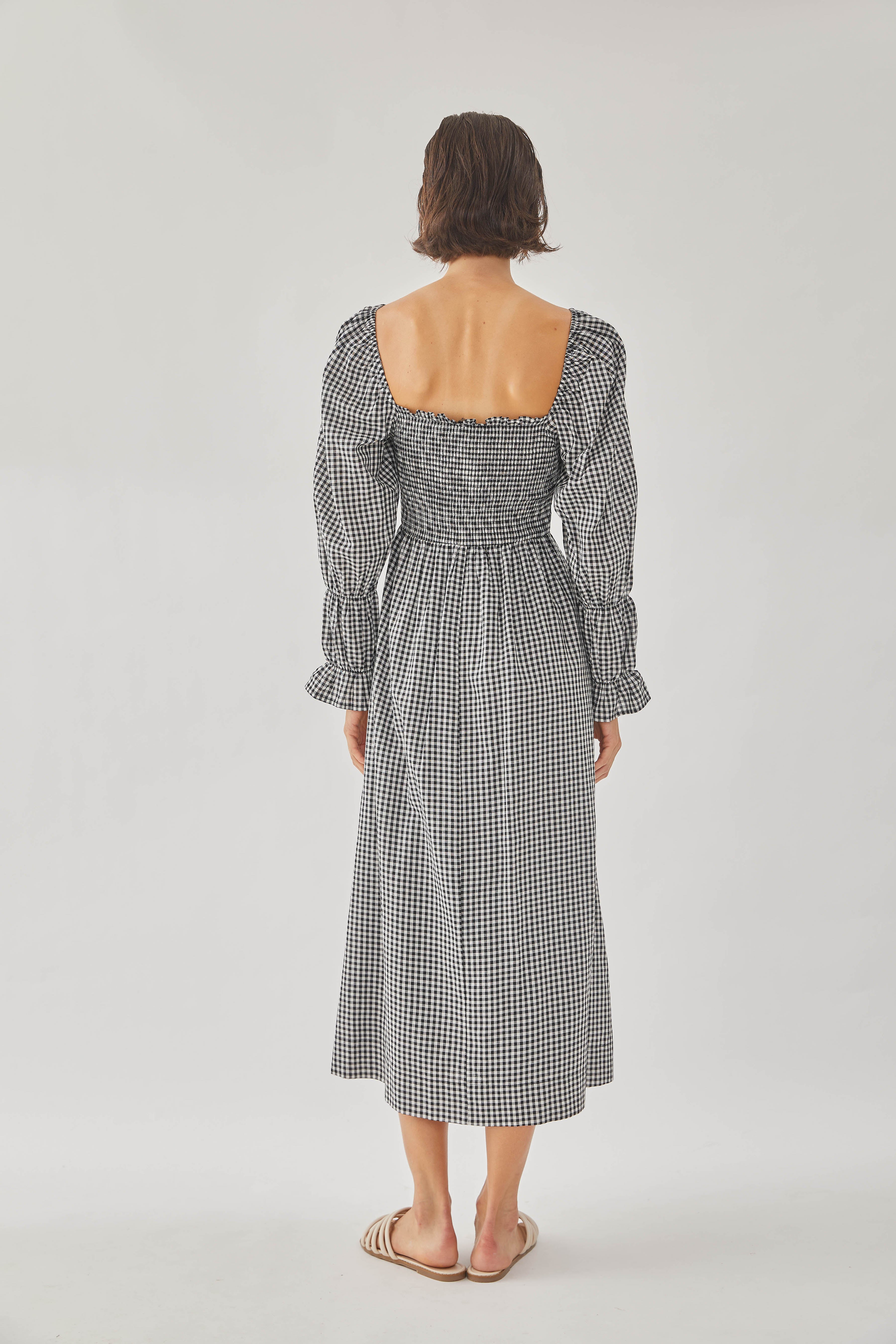 Cotton Shirred Midi Dress in Checkered