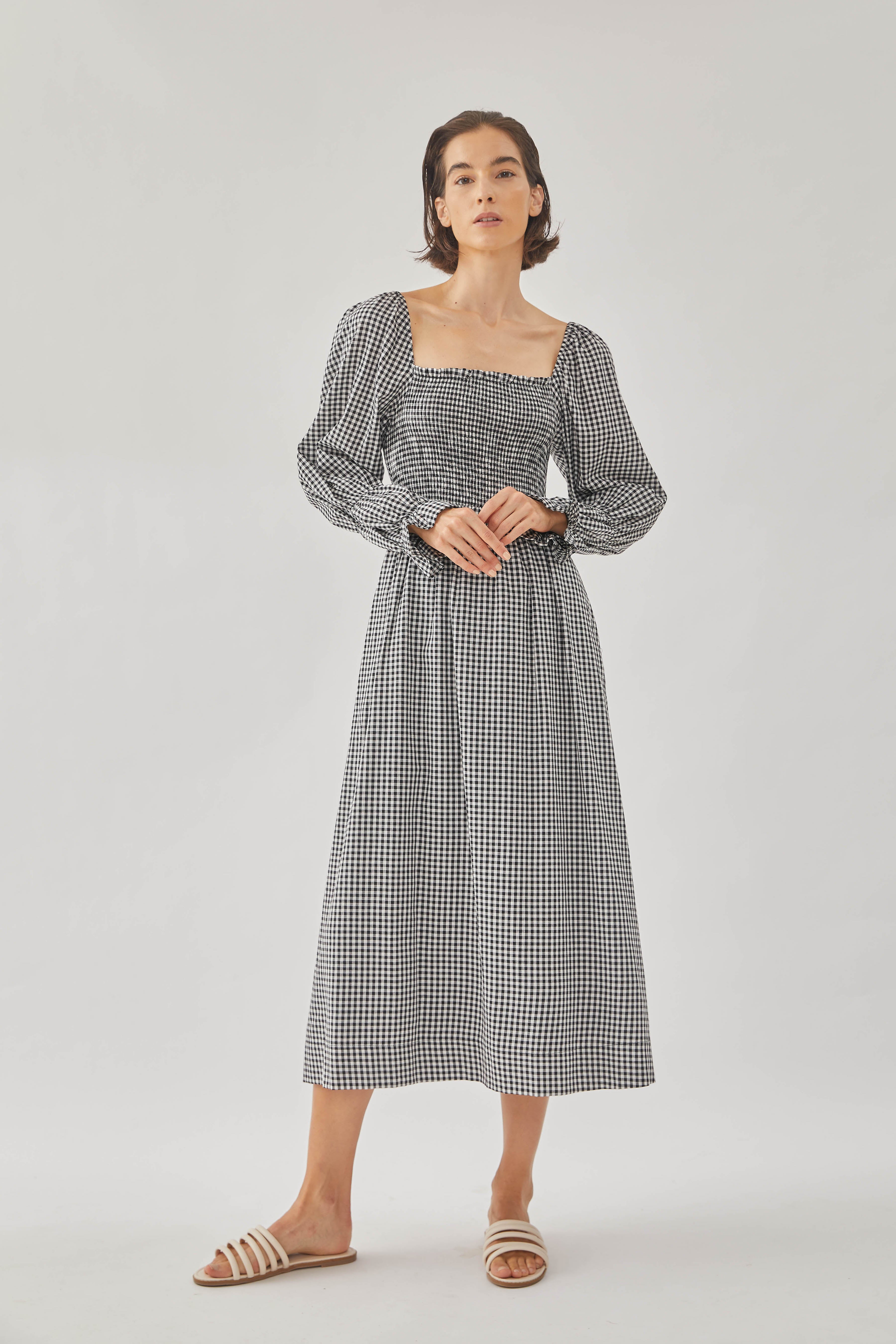 Cotton Shirred Midi Dress in Checkered