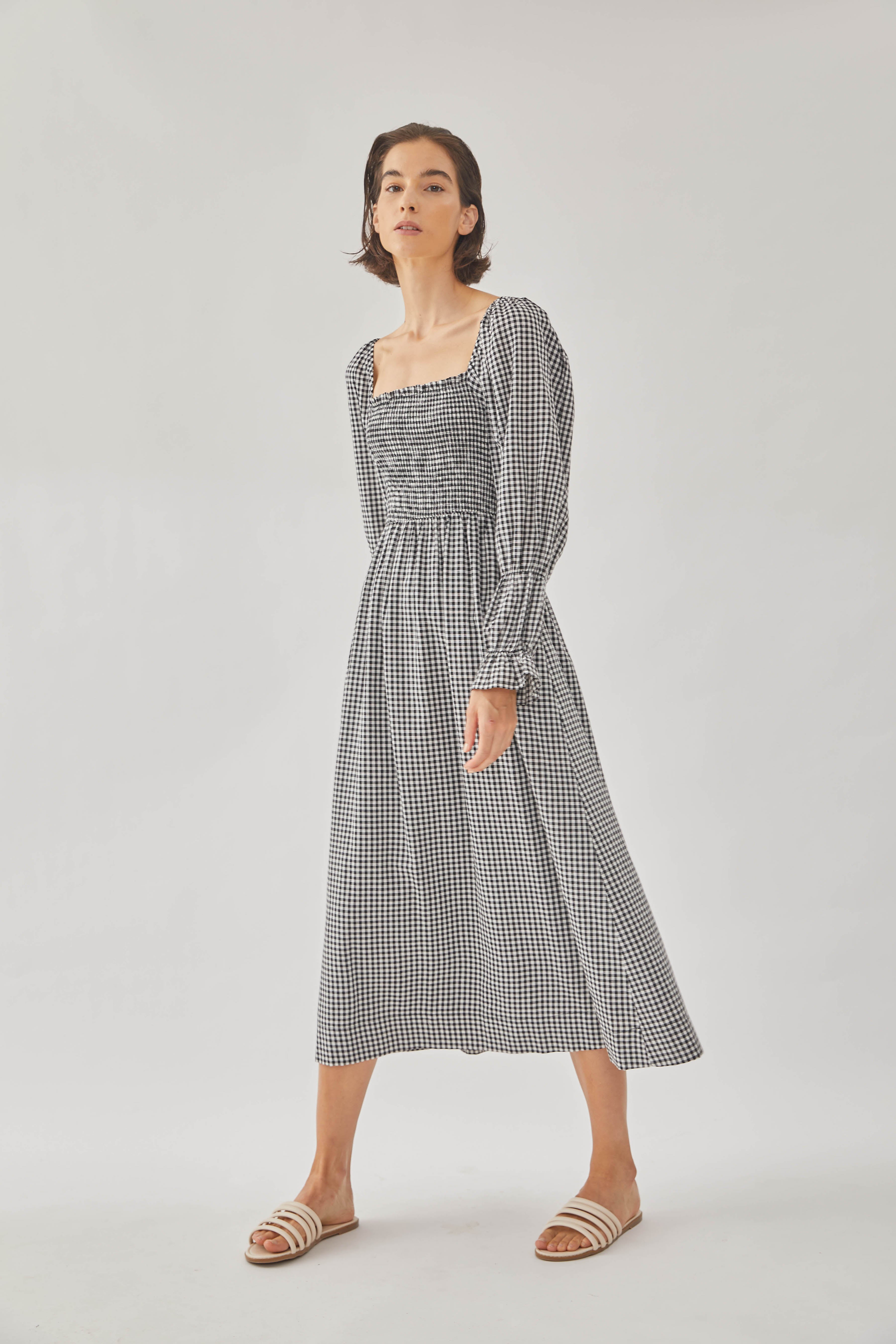 Cotton Shirred Midi Dress in Checkered