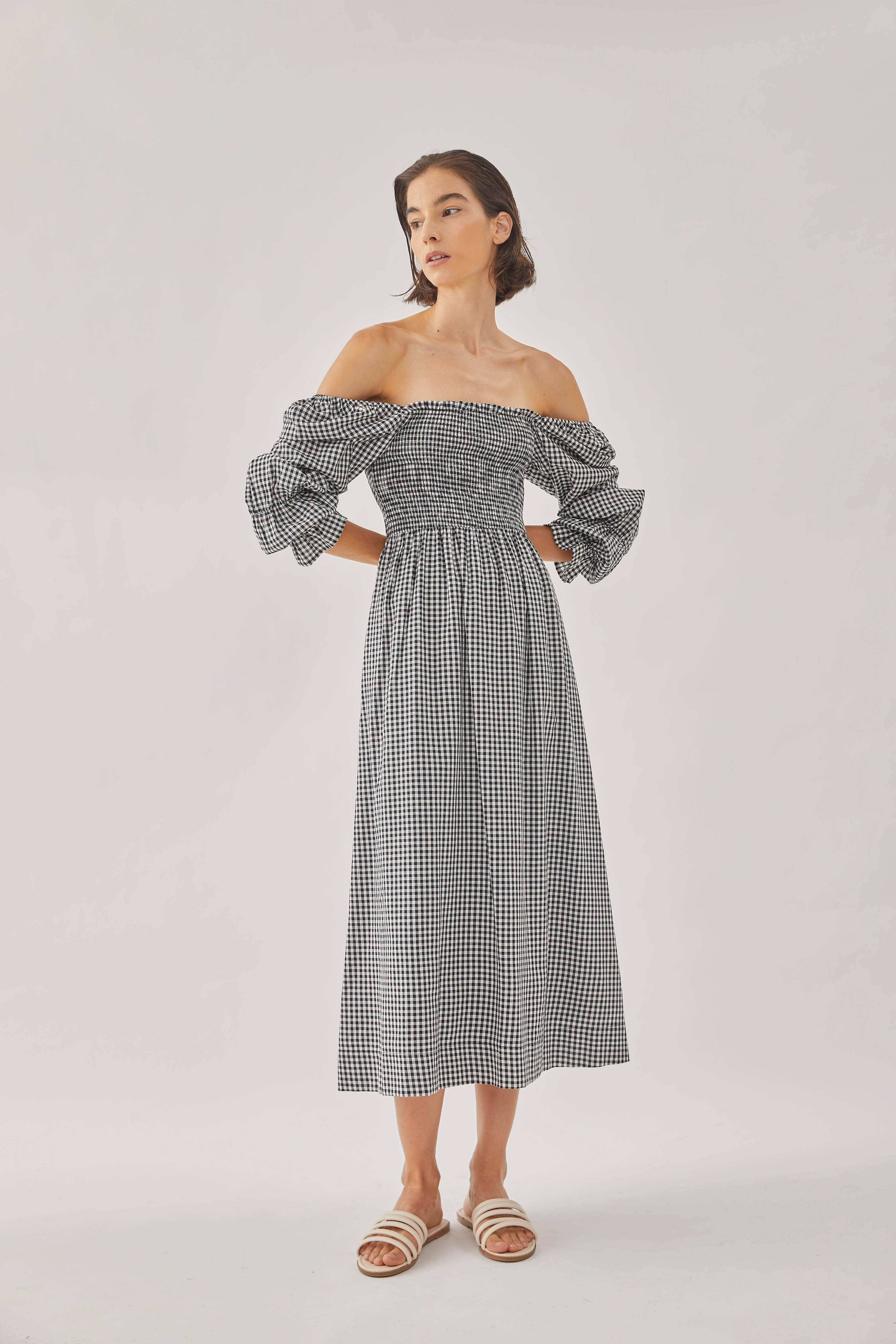 Cotton Shirred Midi Dress in Checkered