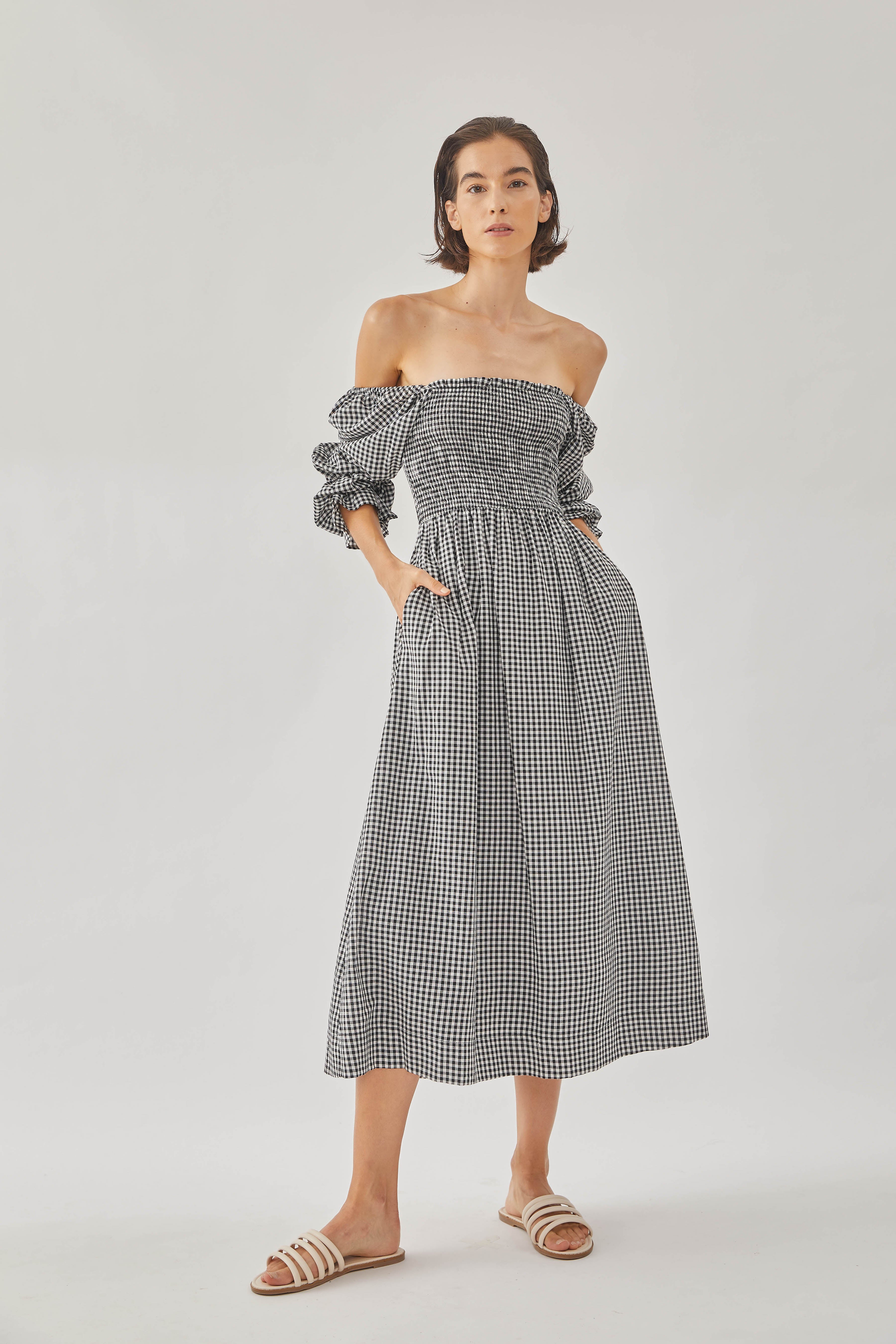 Cotton Shirred Midi Dress in Checkered