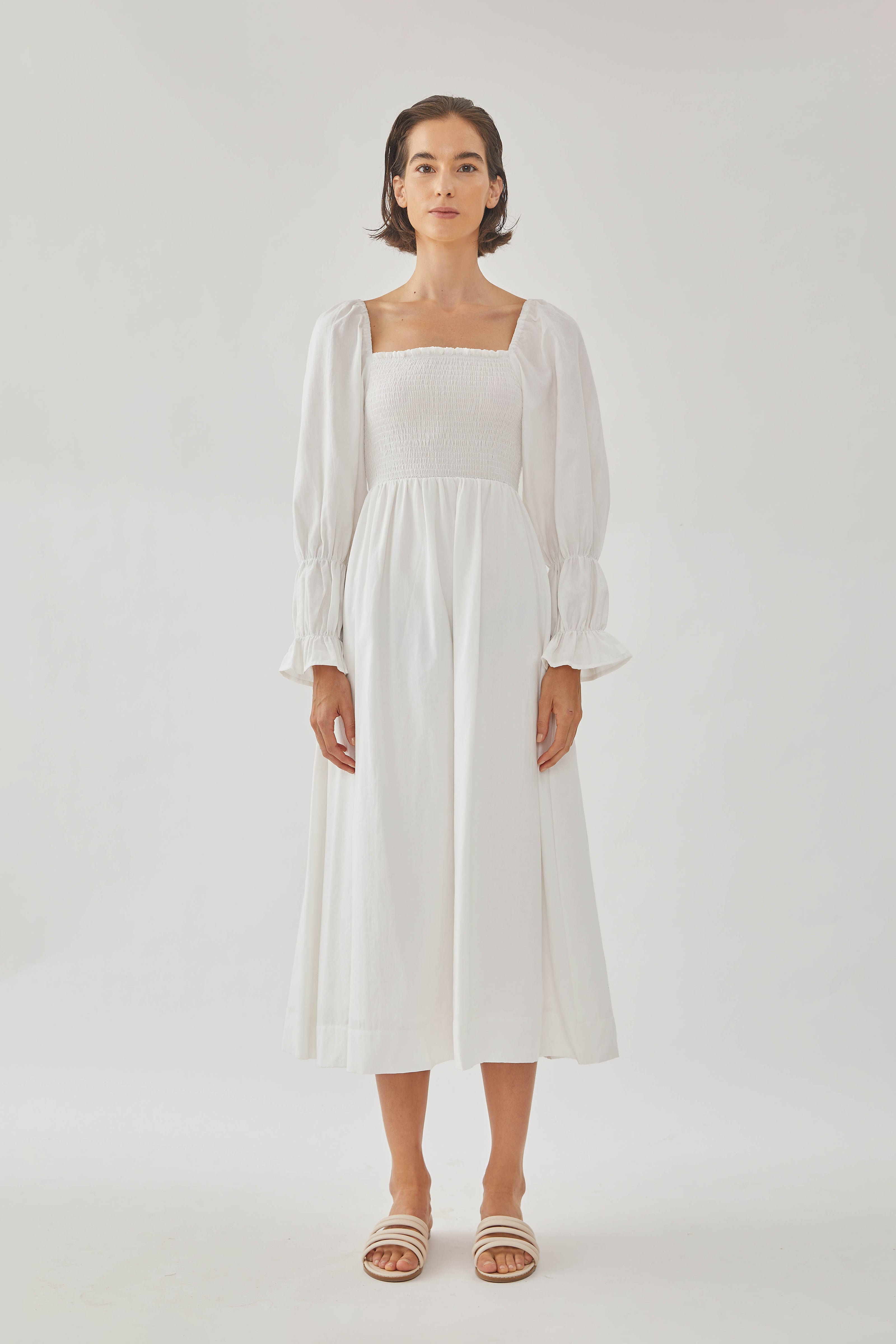 Cotton Shirred Midi Dress in White