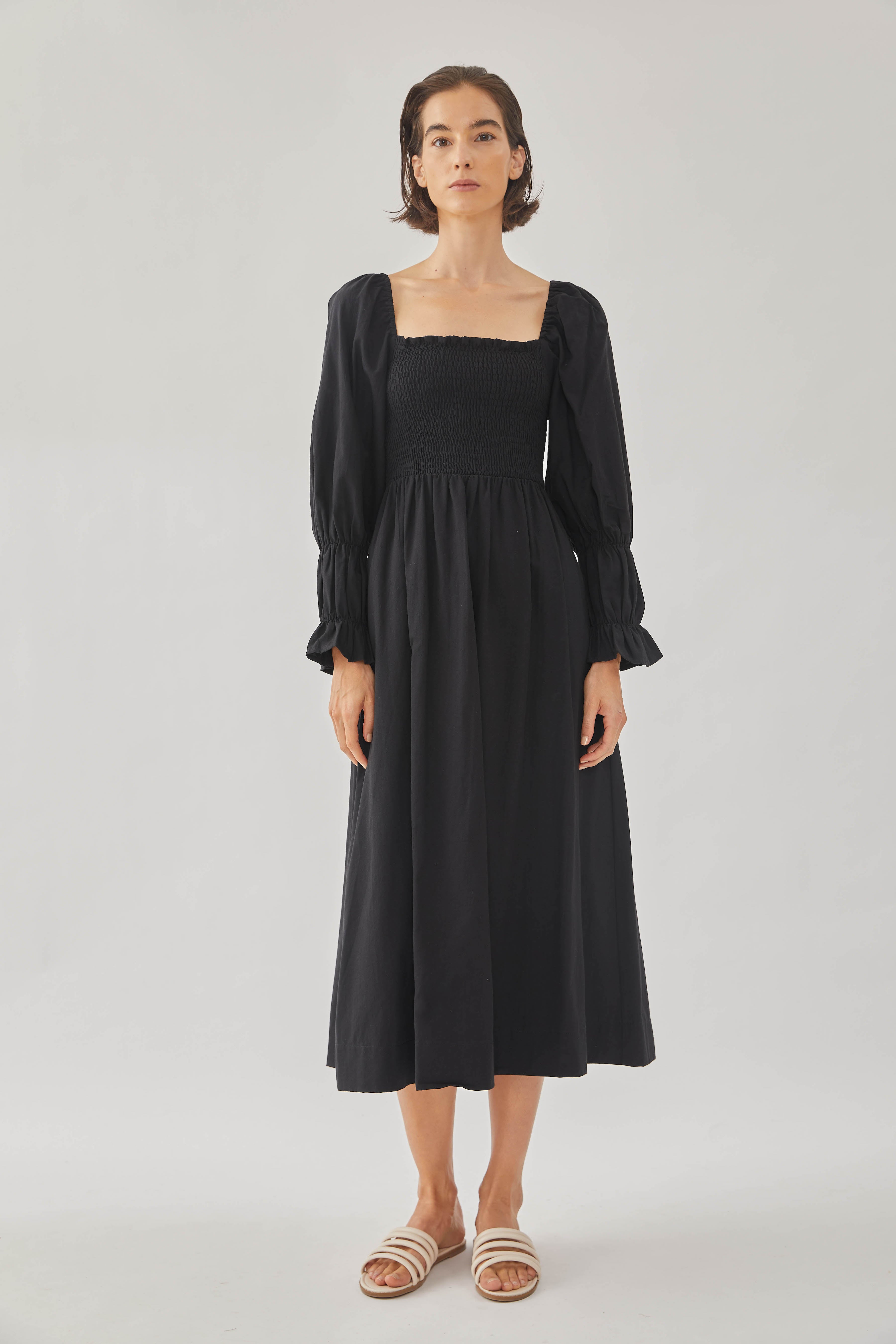 Cotton Shirred Midi Dress in Black