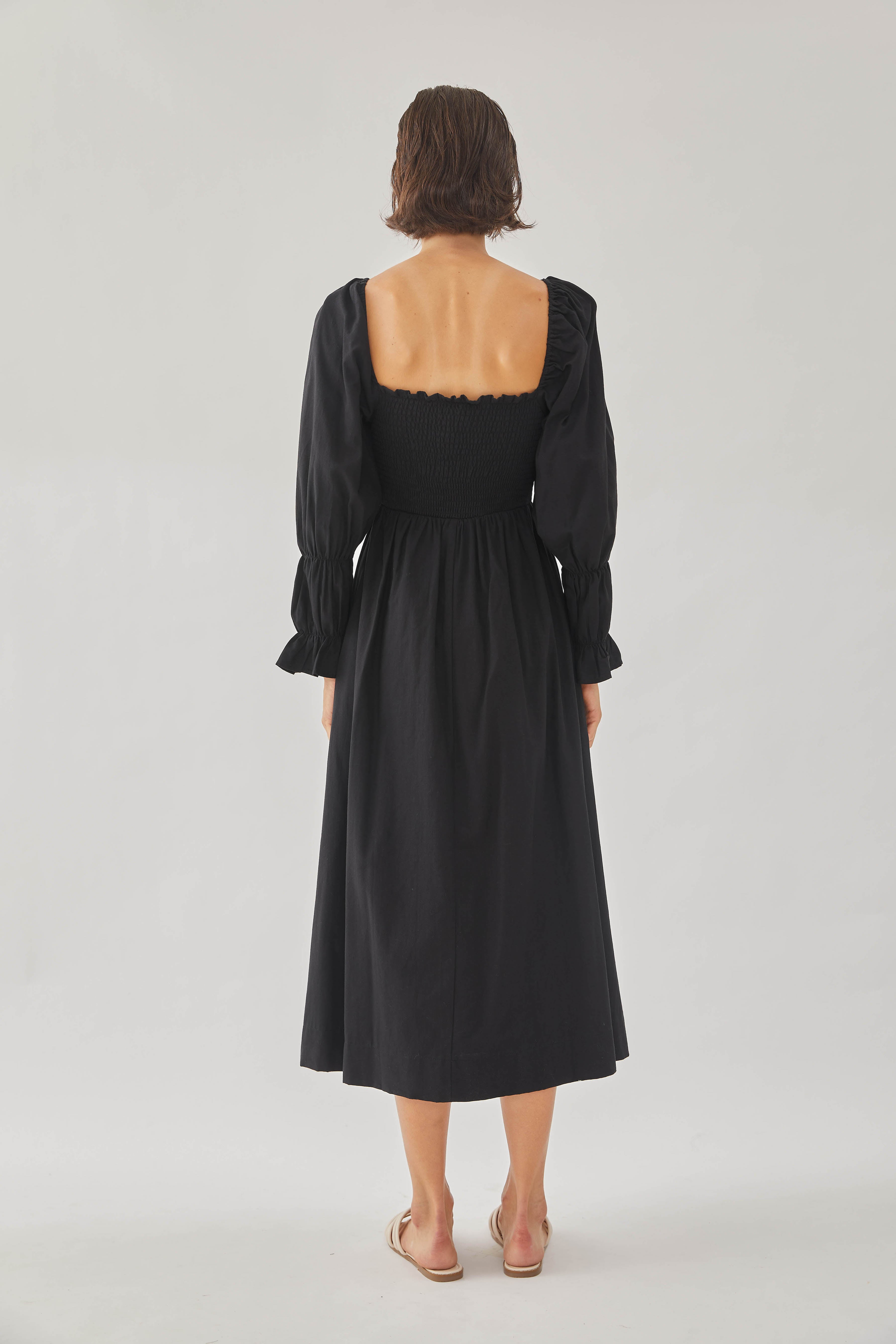 Cotton Shirred Midi Dress in Black