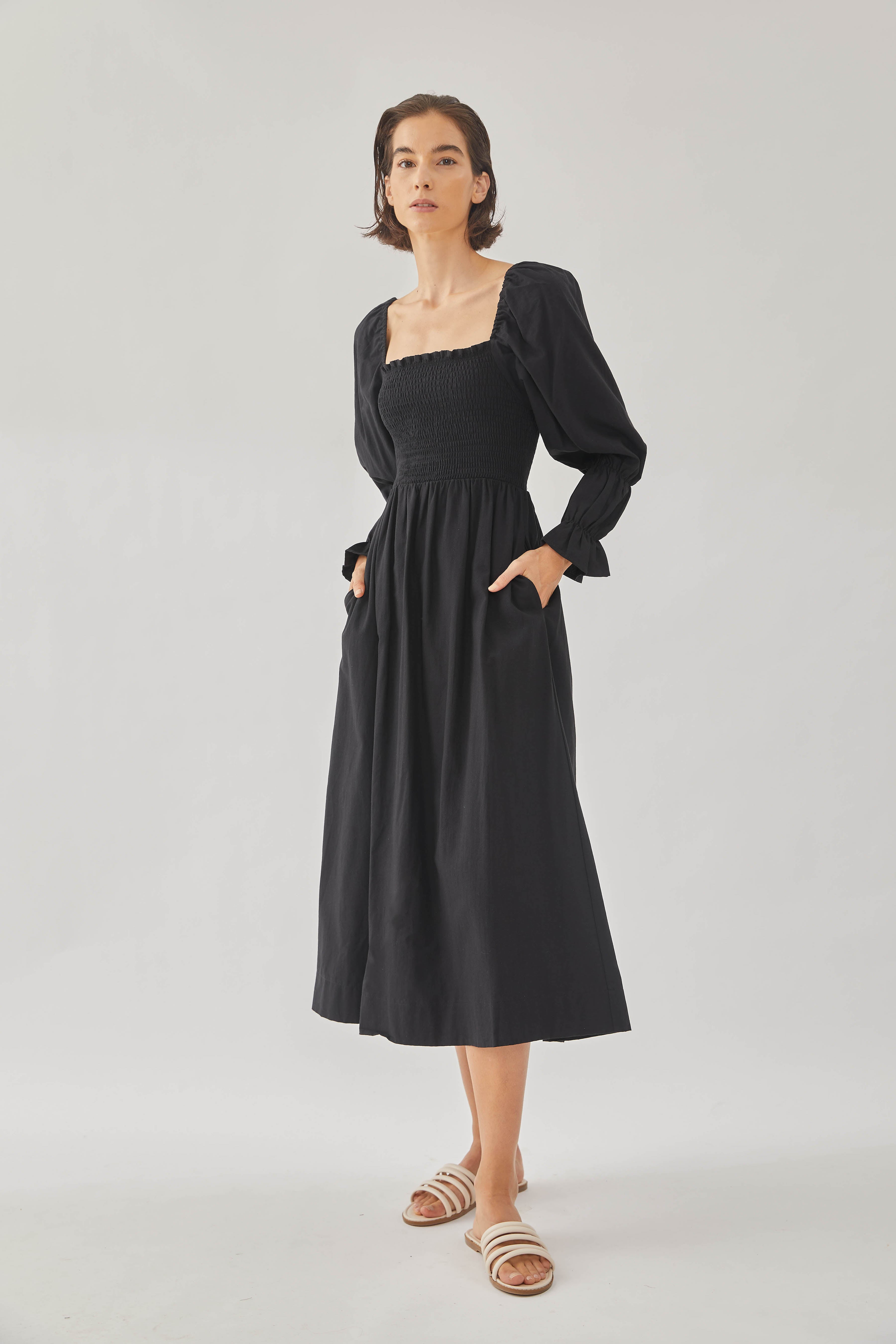 Cotton Shirred Midi Dress in Black