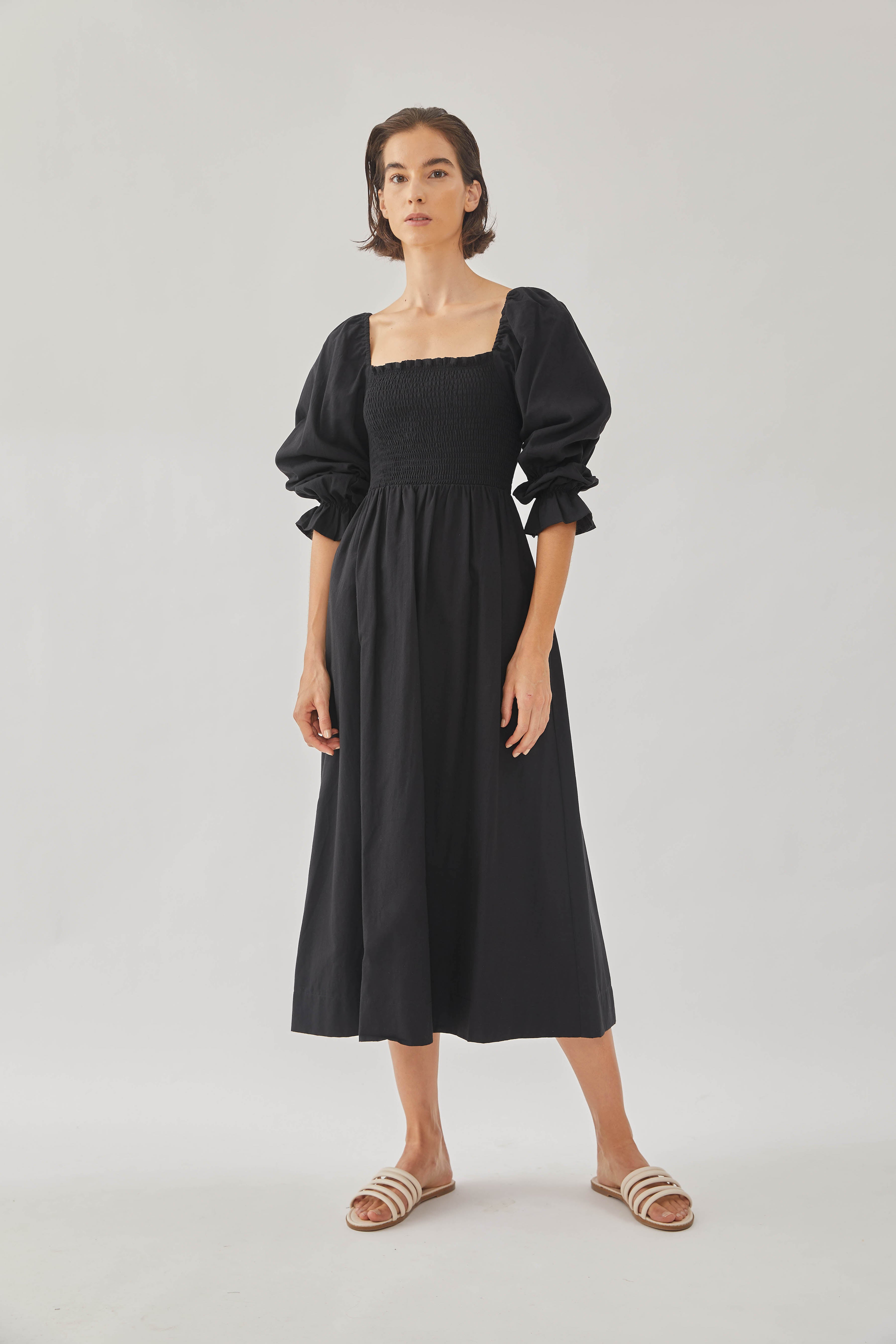 Cotton Shirred Midi Dress in Black