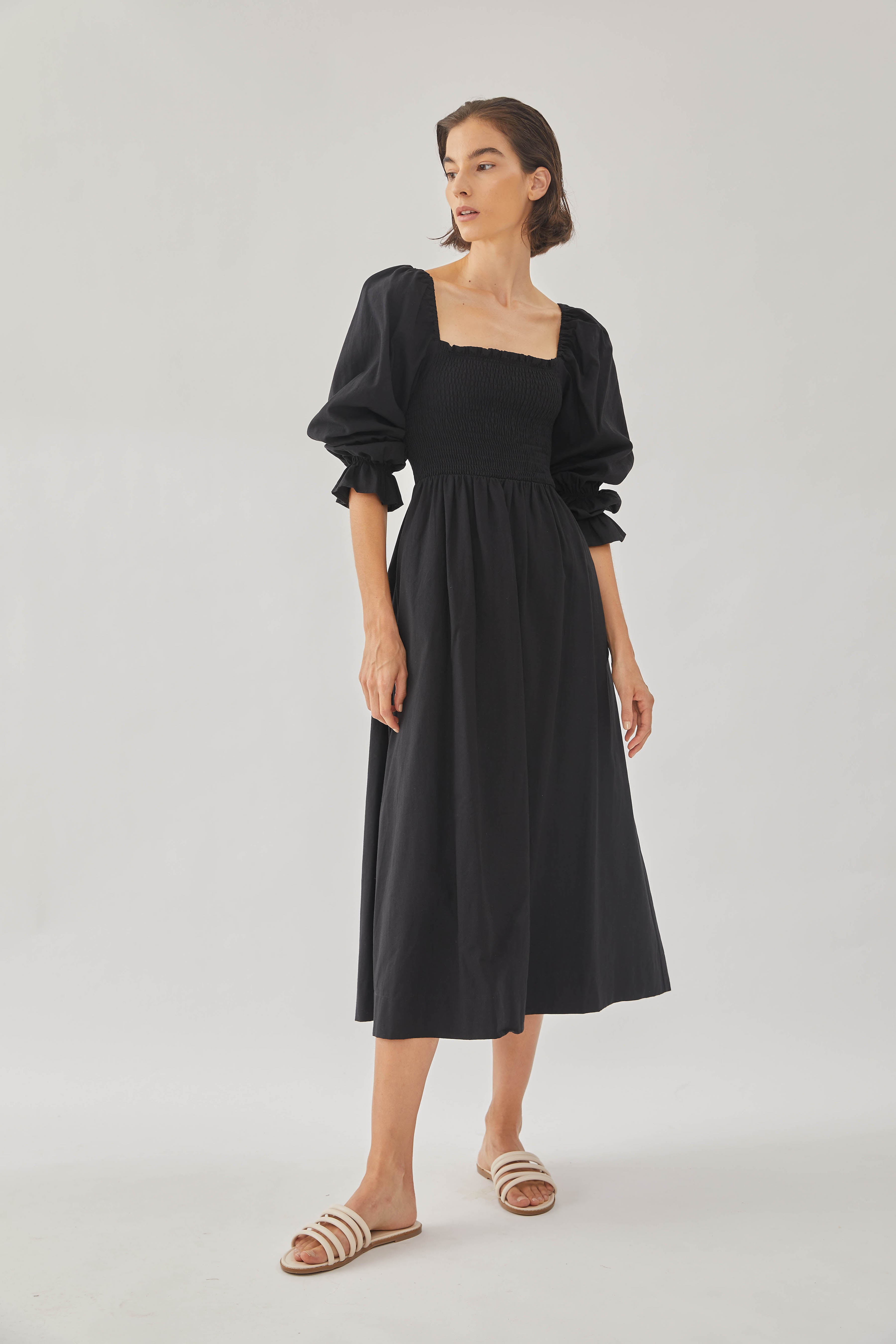 Cotton Shirred Midi Dress in Black