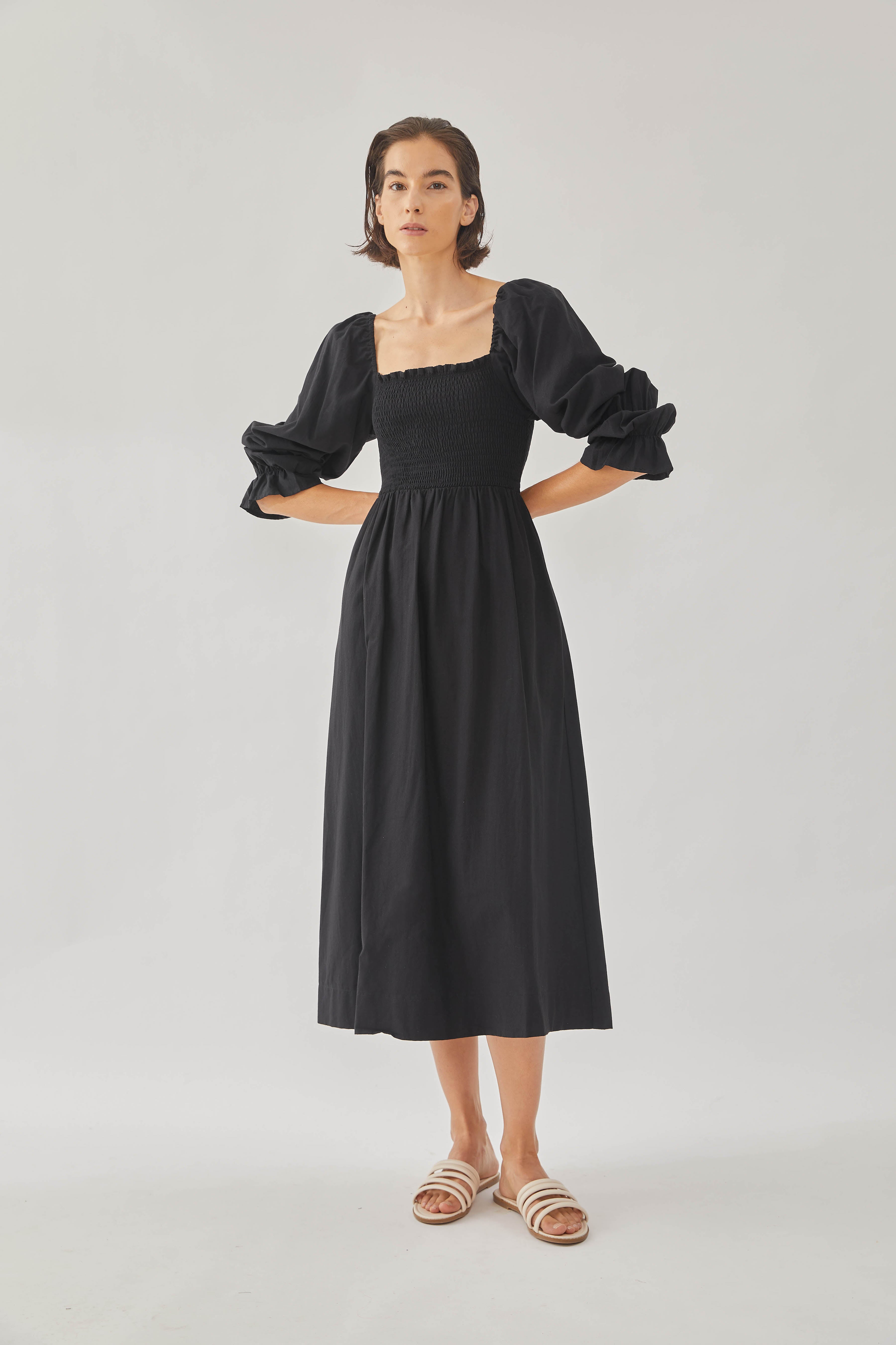 Cotton Shirred Midi Dress in Black