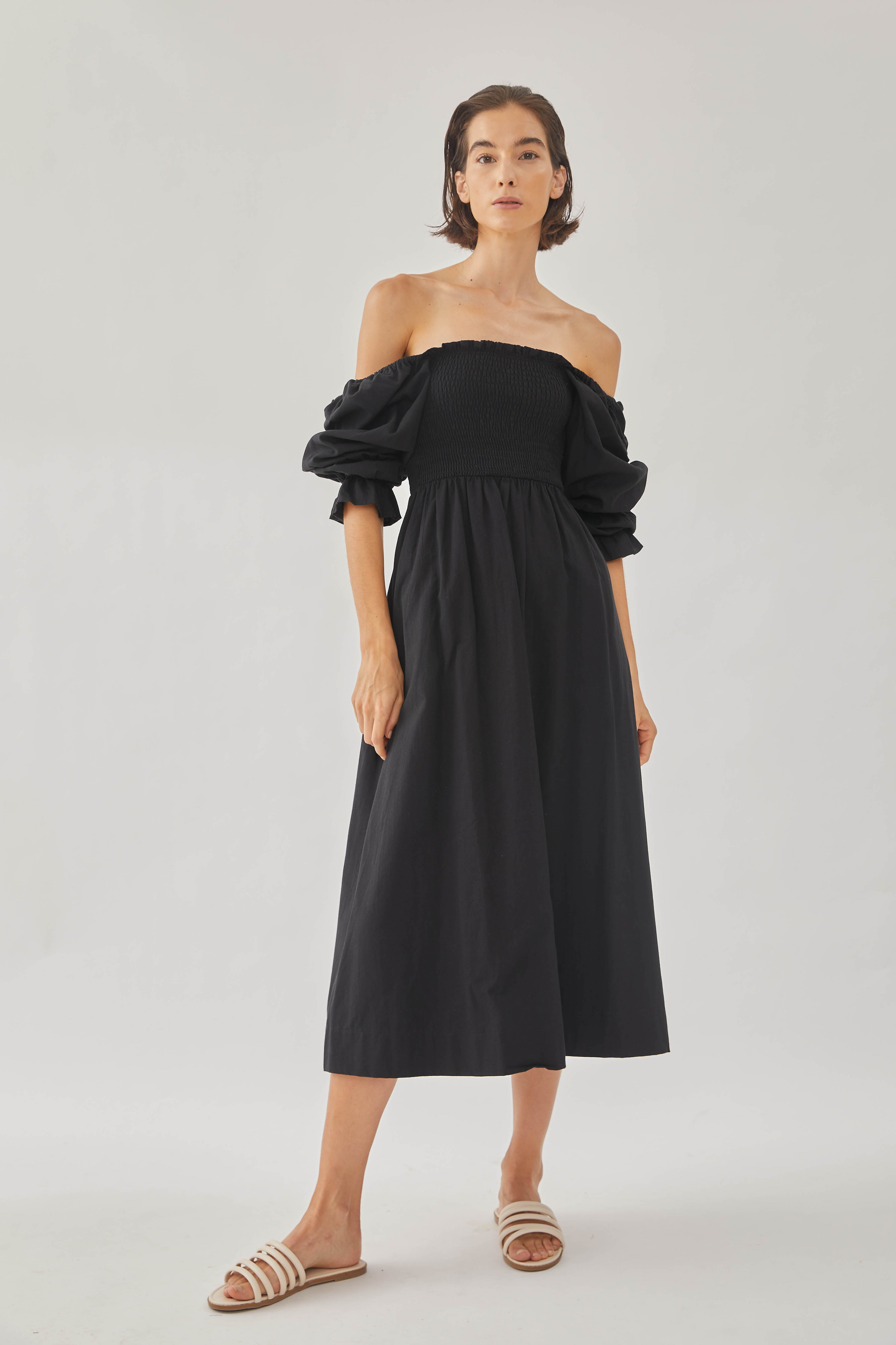 Cotton Shirred Midi Dress in Black