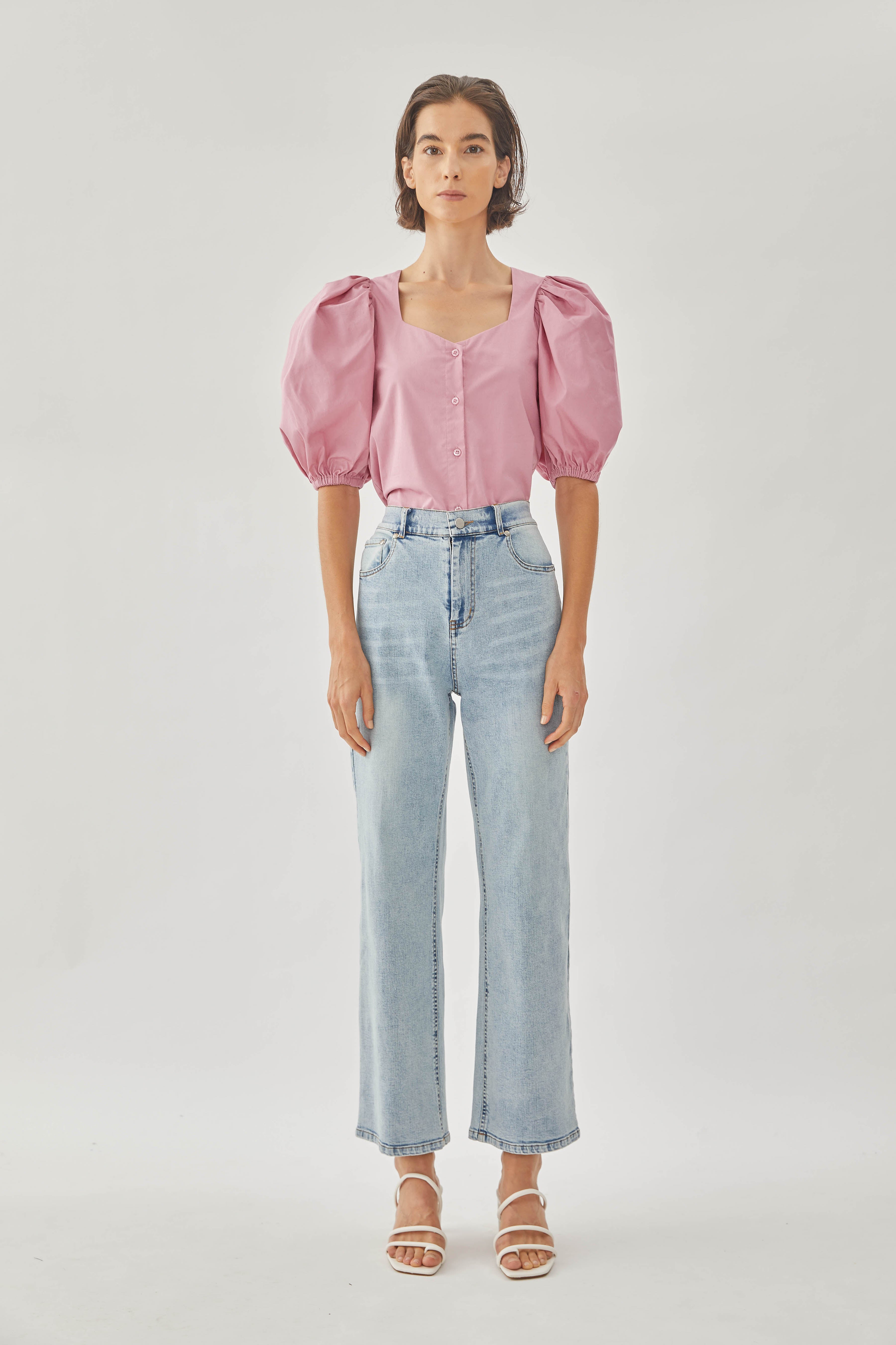 Cotton Puffed Sleeved Top in Hibiscus