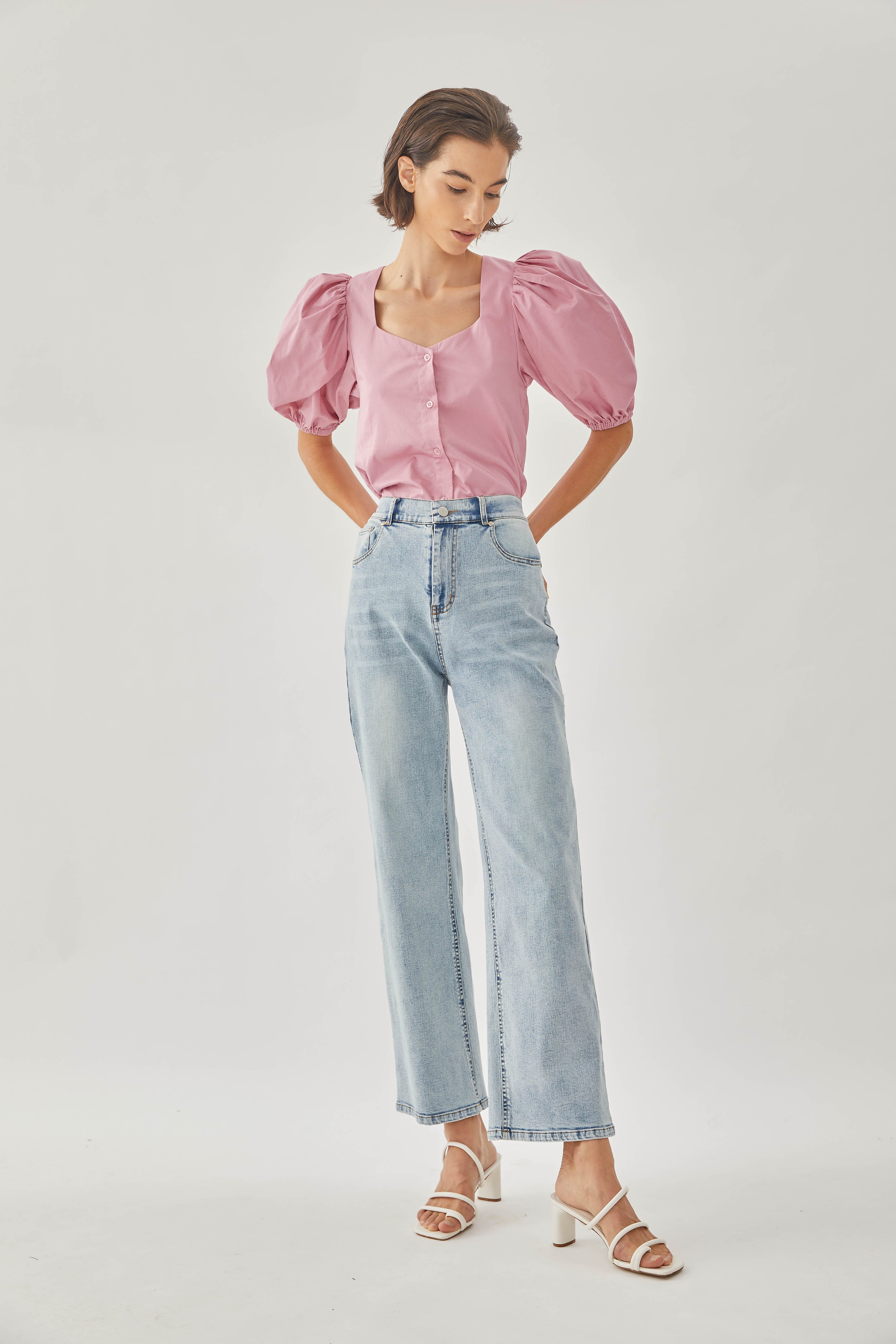 Cotton Puffed Sleeved Top in Hibiscus