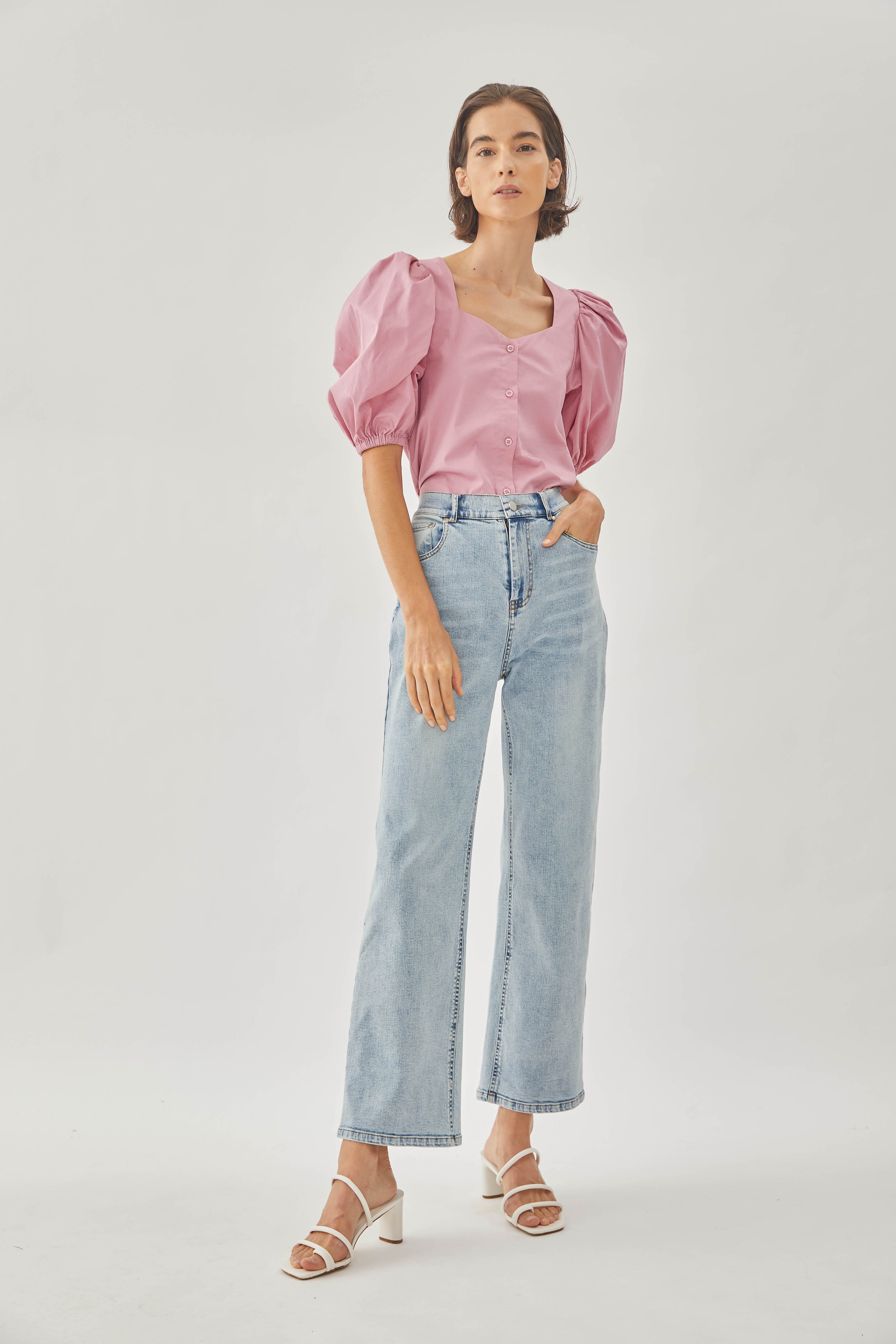 Cotton Puffed Sleeved Top in Hibiscus