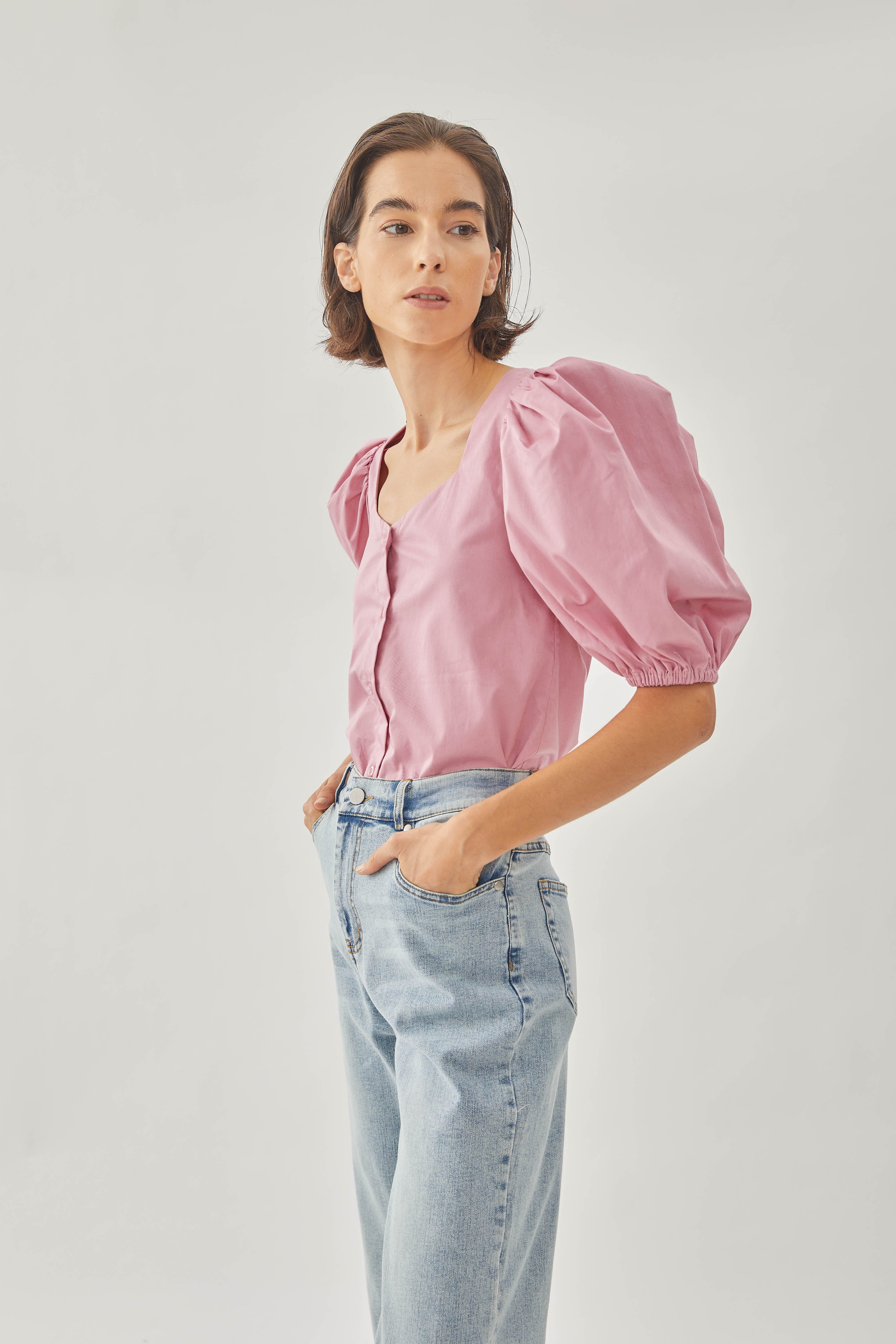 Cotton Puffed Sleeved Top in Hibiscus
