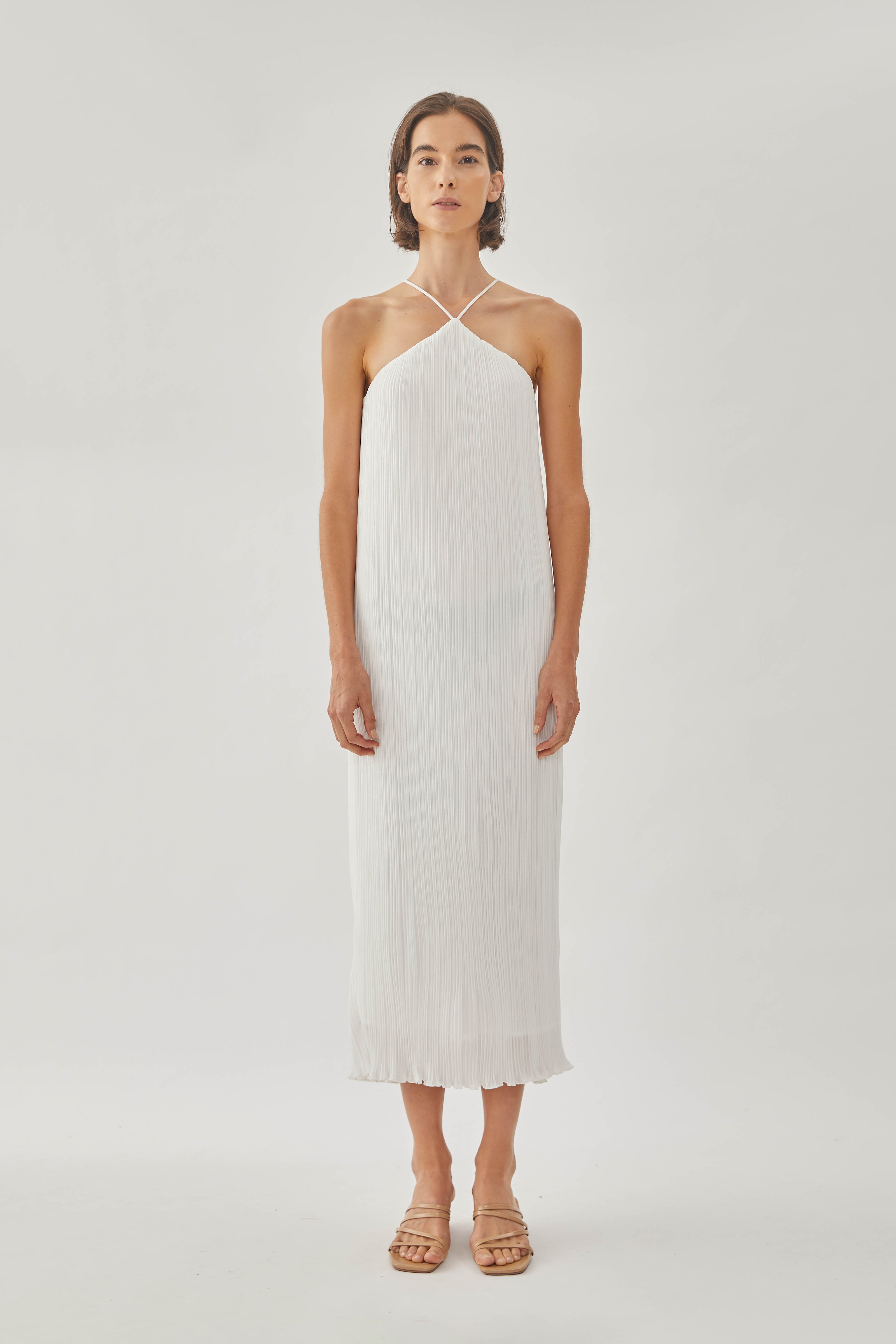 Halter Pleated Maxi Dress in White