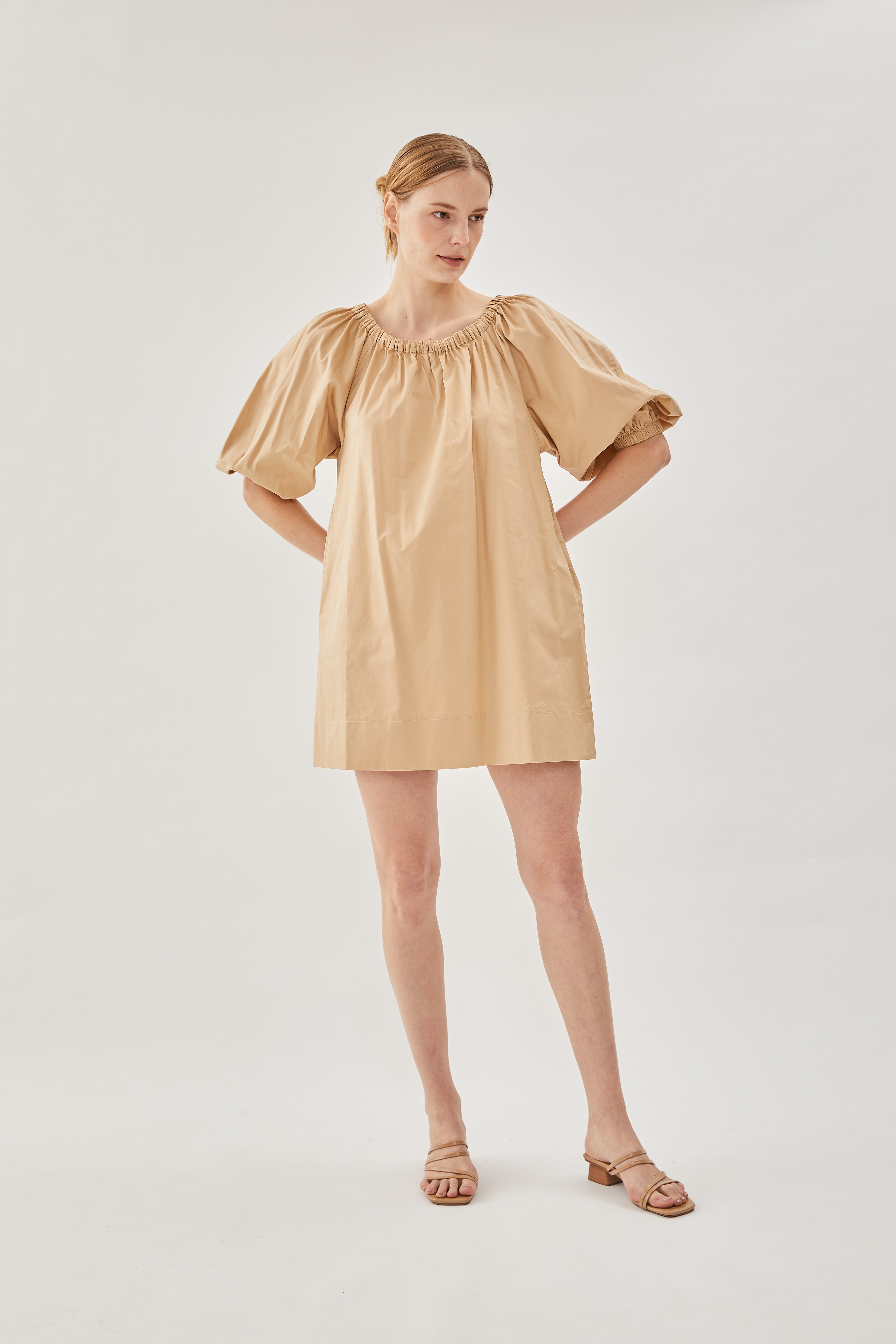 Cotton Gathered Dress in Sand