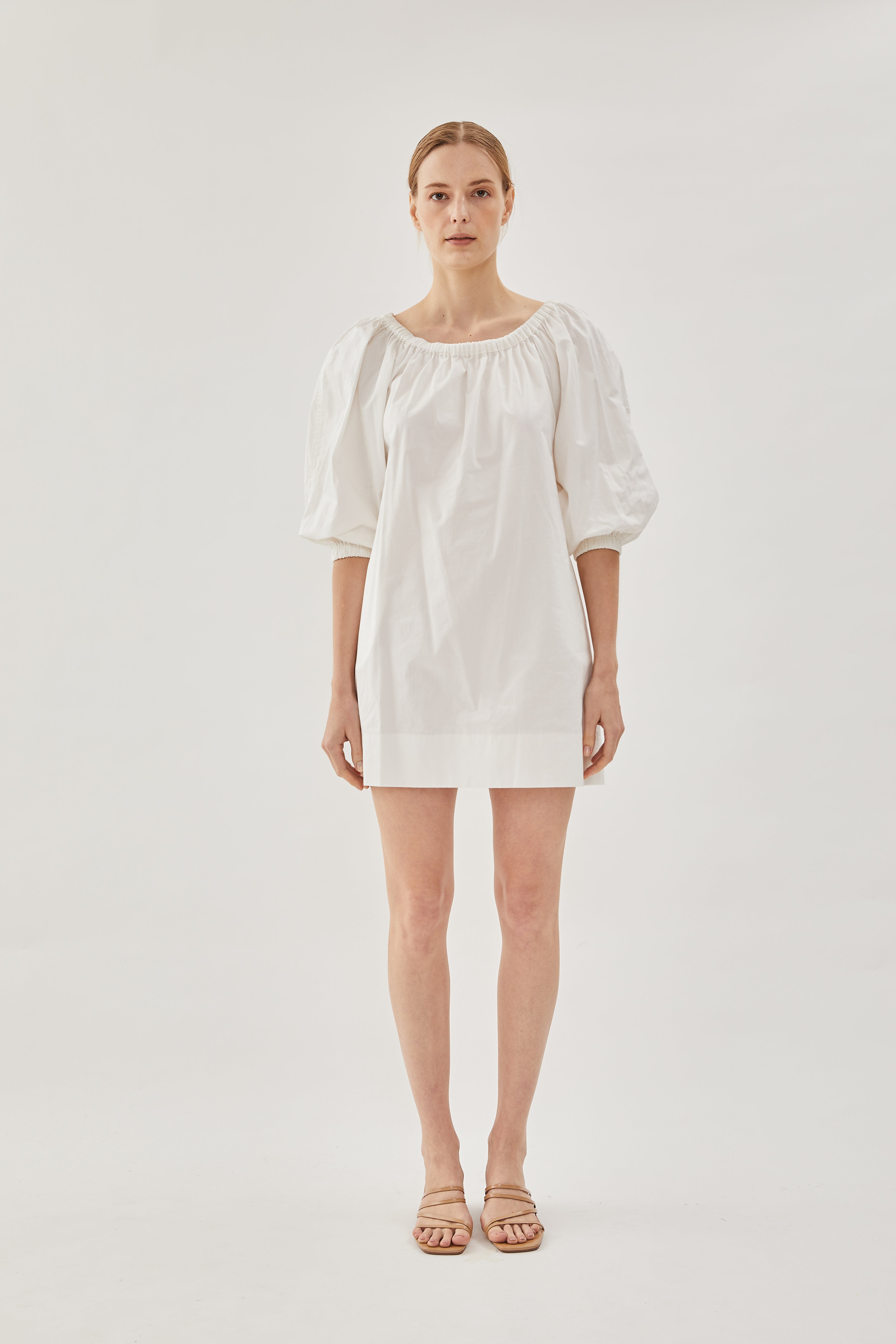 Cotton Gathered Dress in White