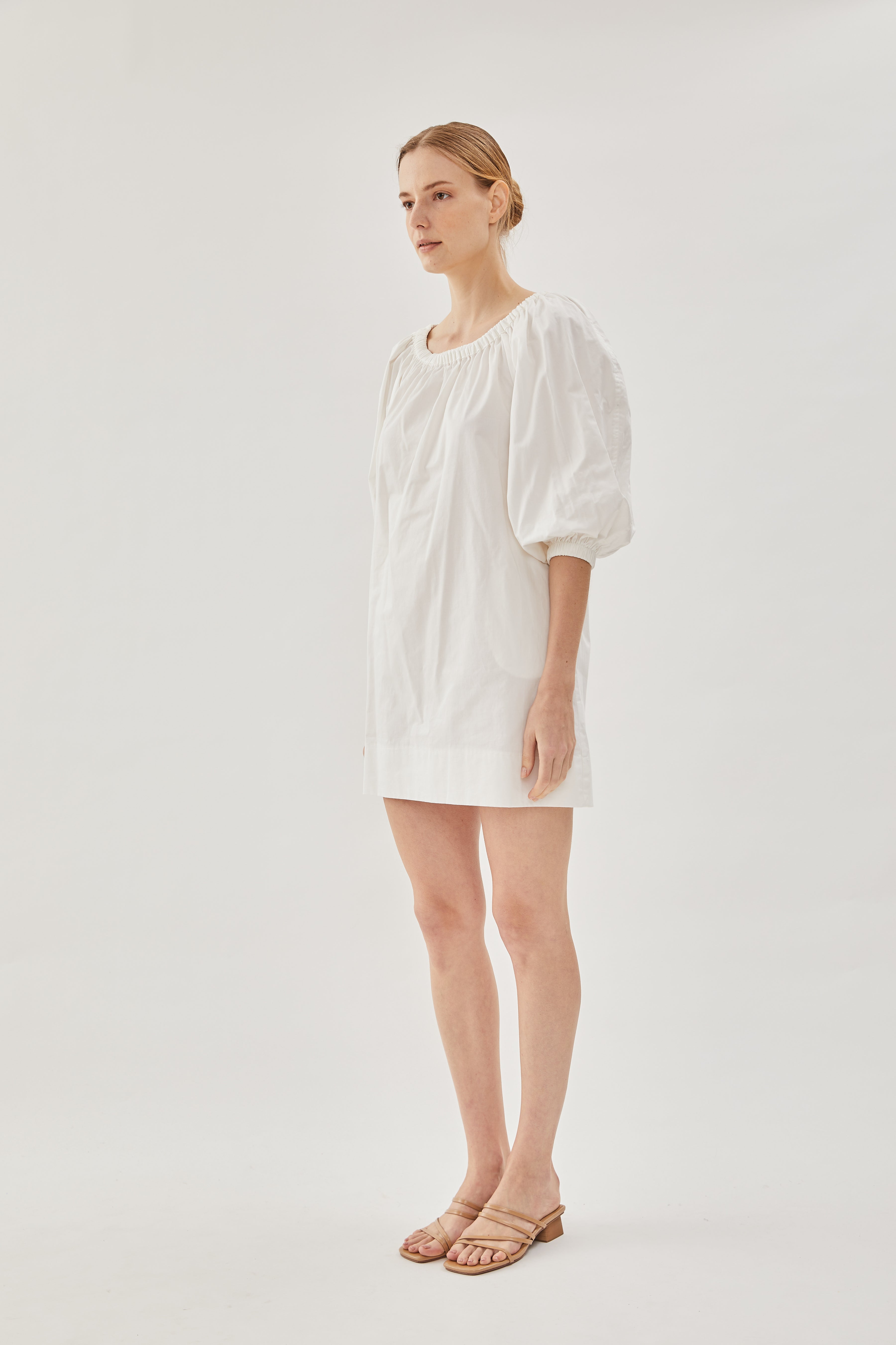 Cotton Gathered Dress in White