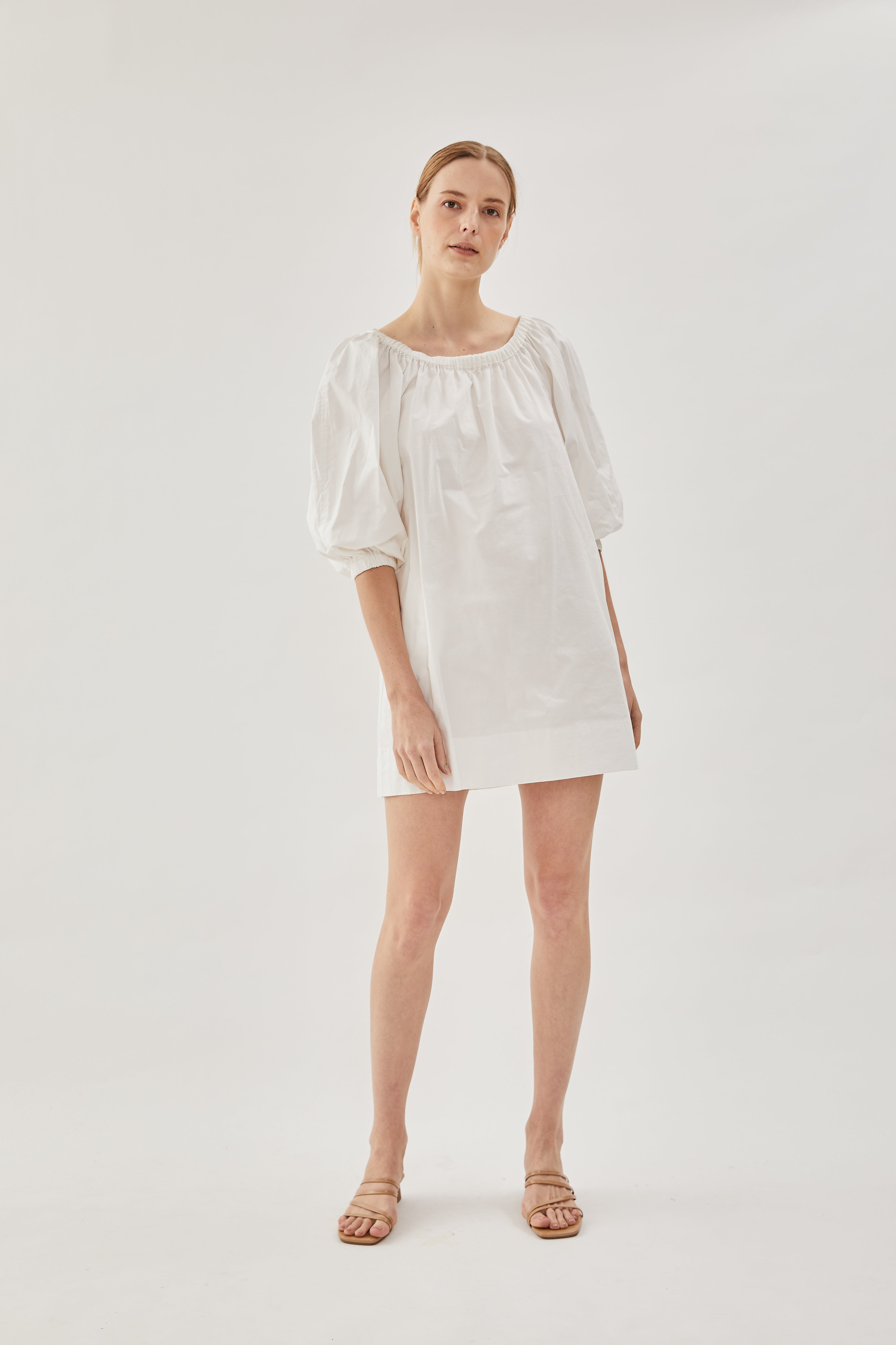 Cotton Gathered Dress in White