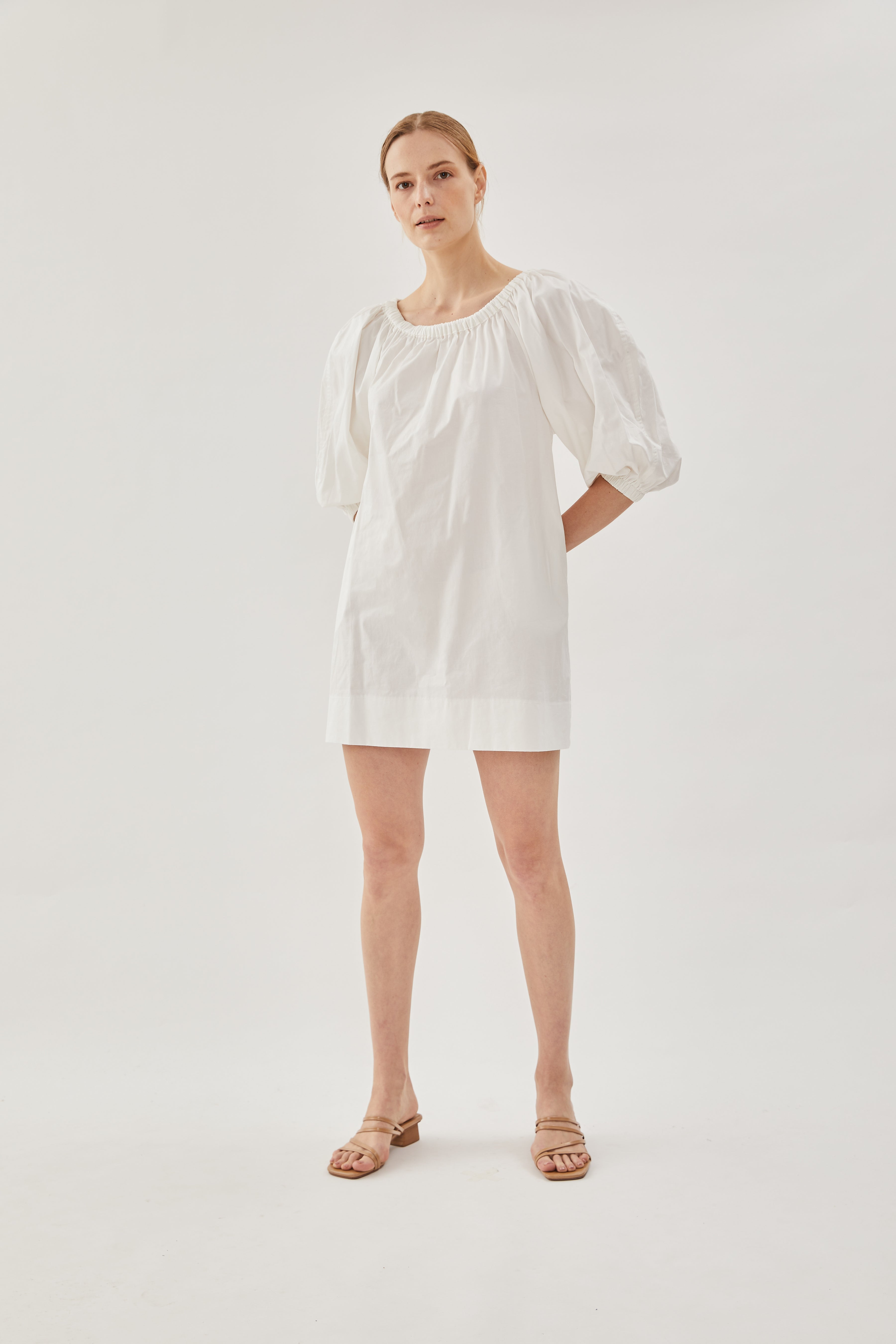 Cotton Gathered Dress in White