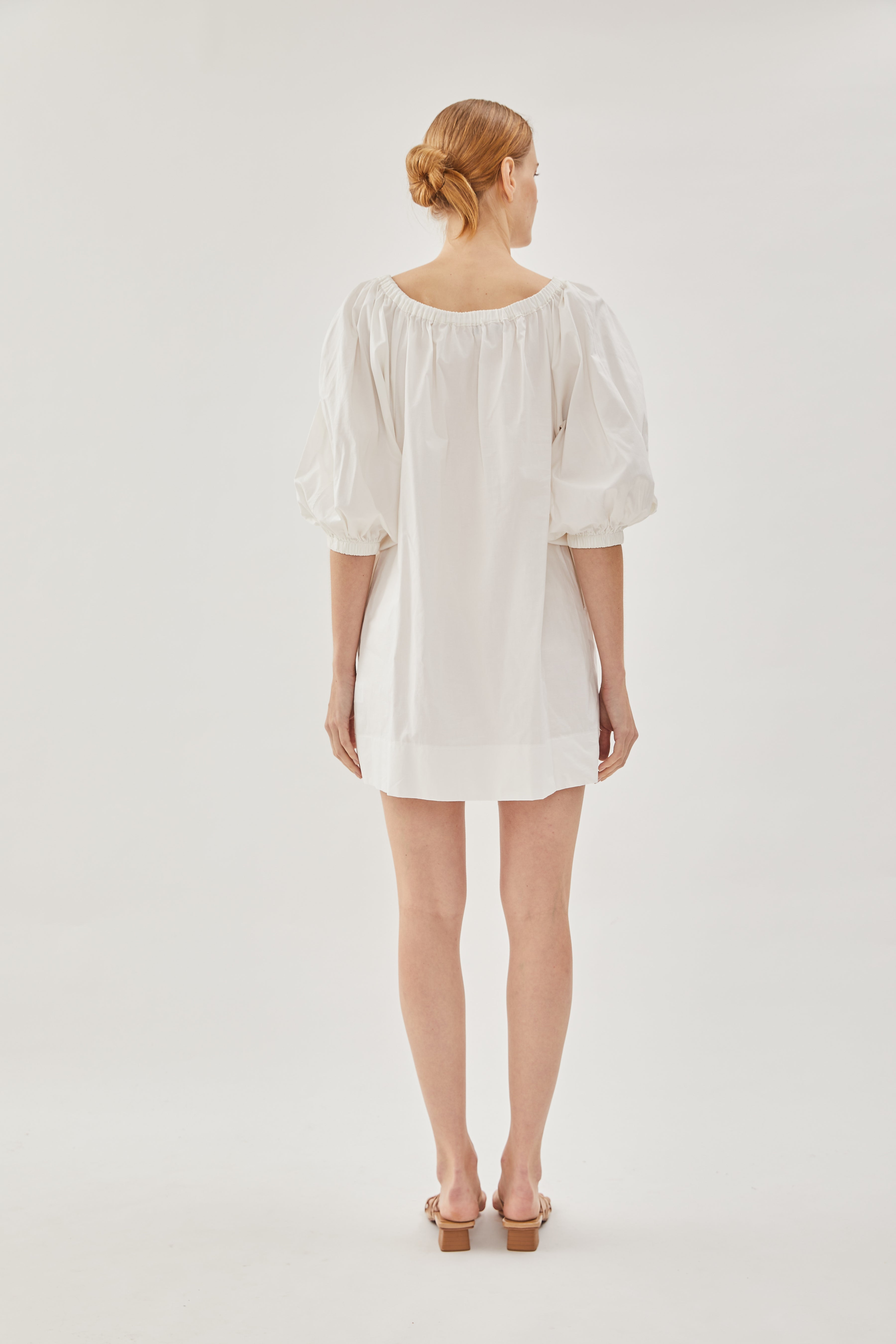 Cotton Gathered Dress in White