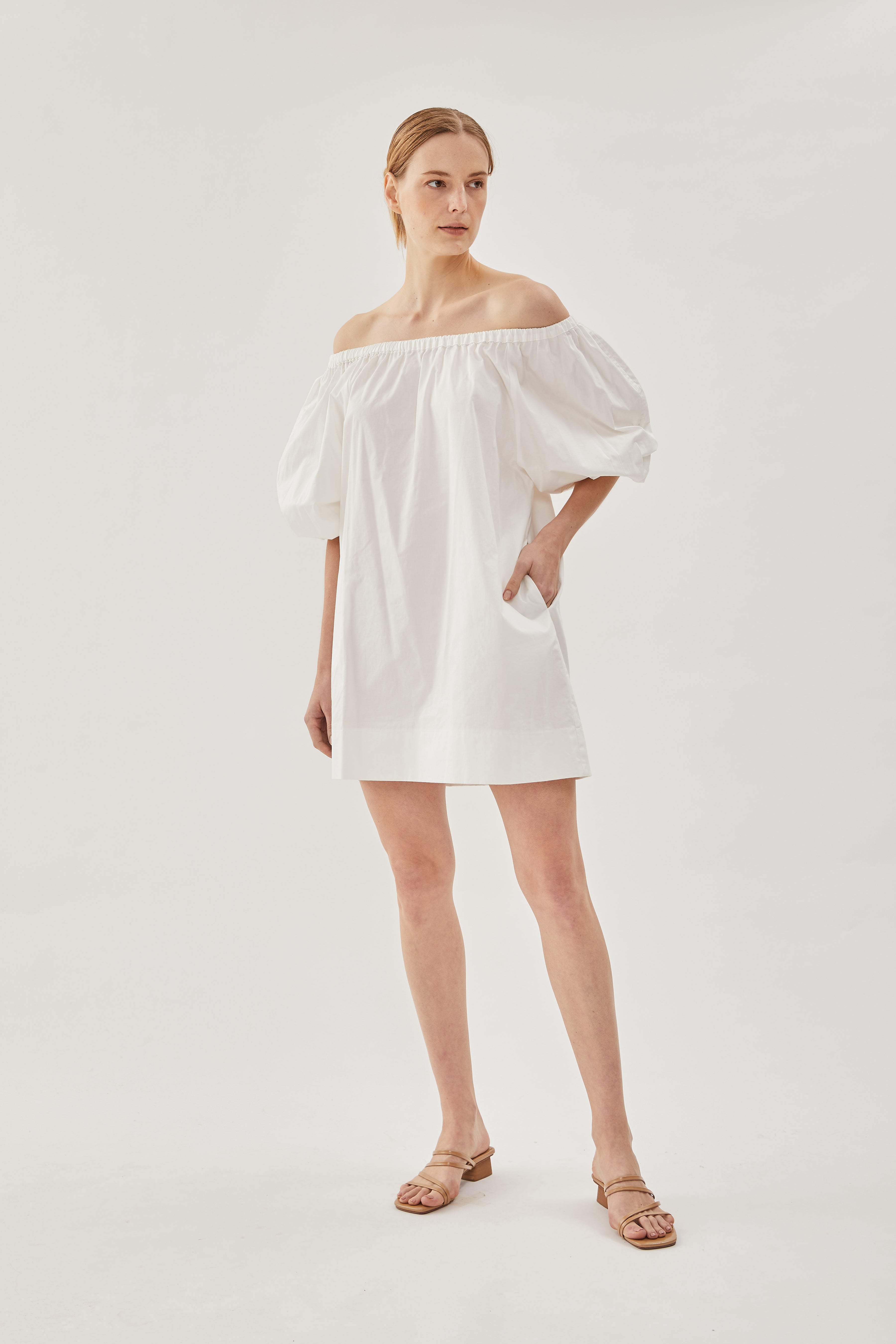 Cotton Gathered Dress in White
