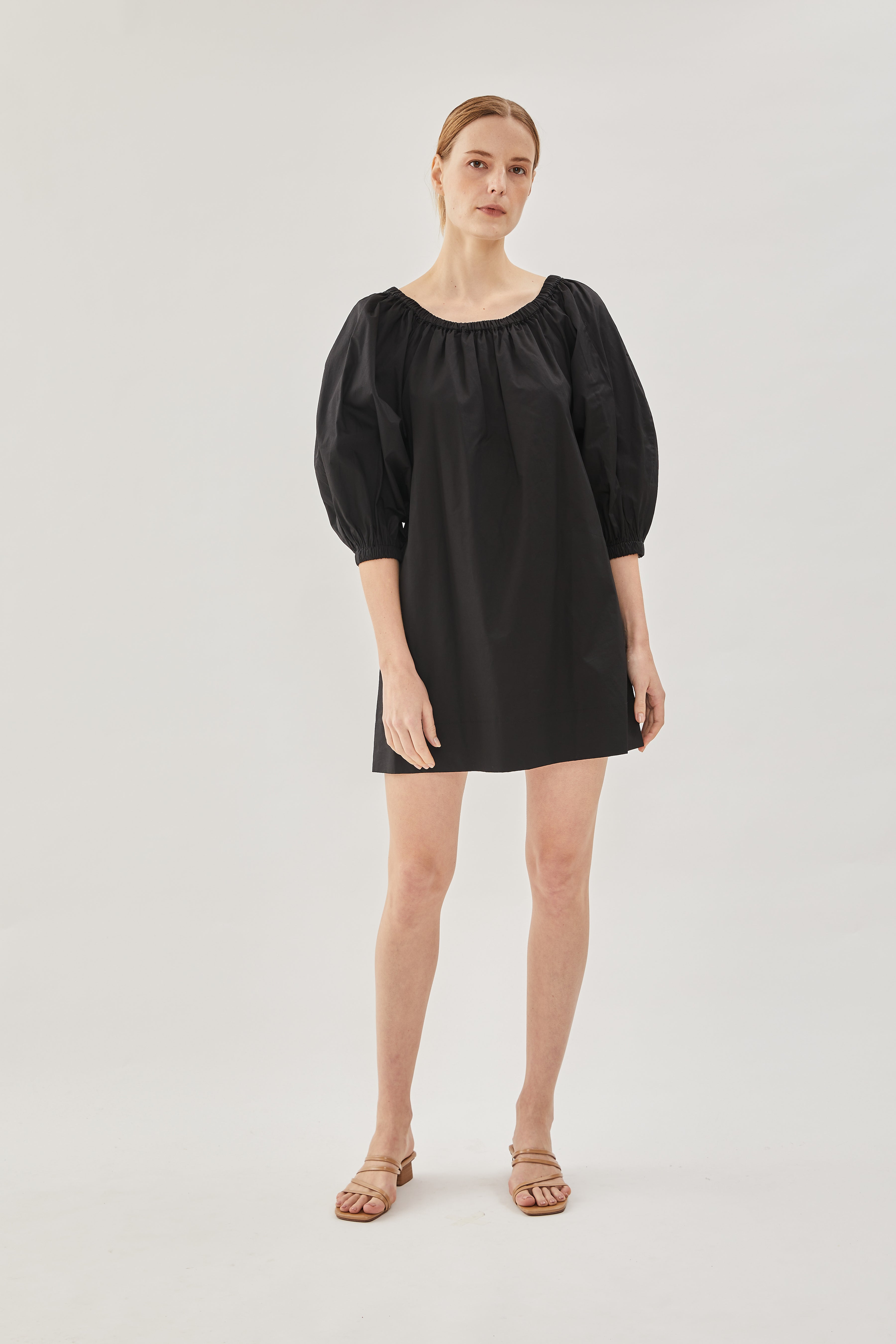 Cotton Gathered Dress in Black