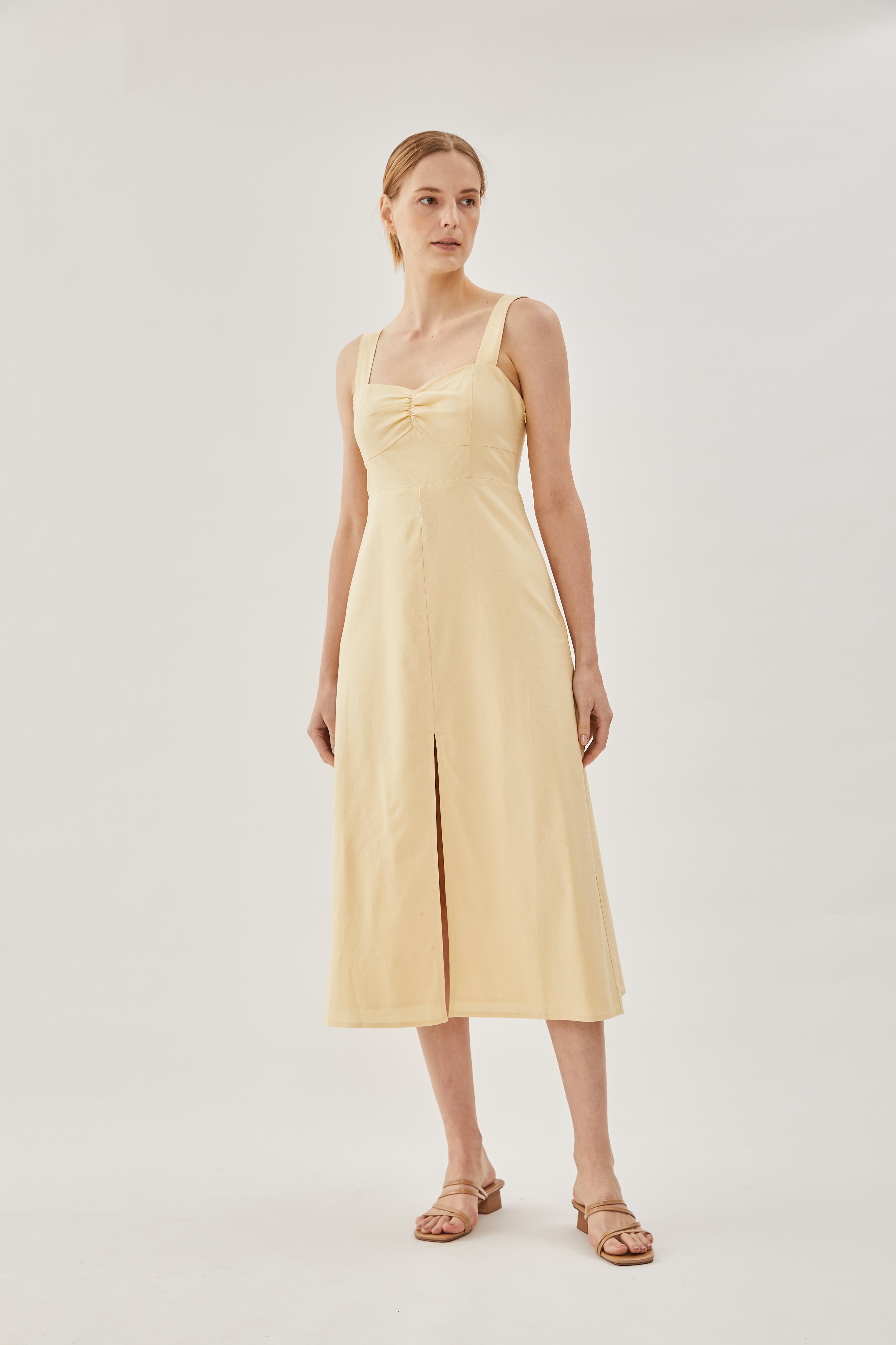 Linen Midi Dress in Soft Yellow