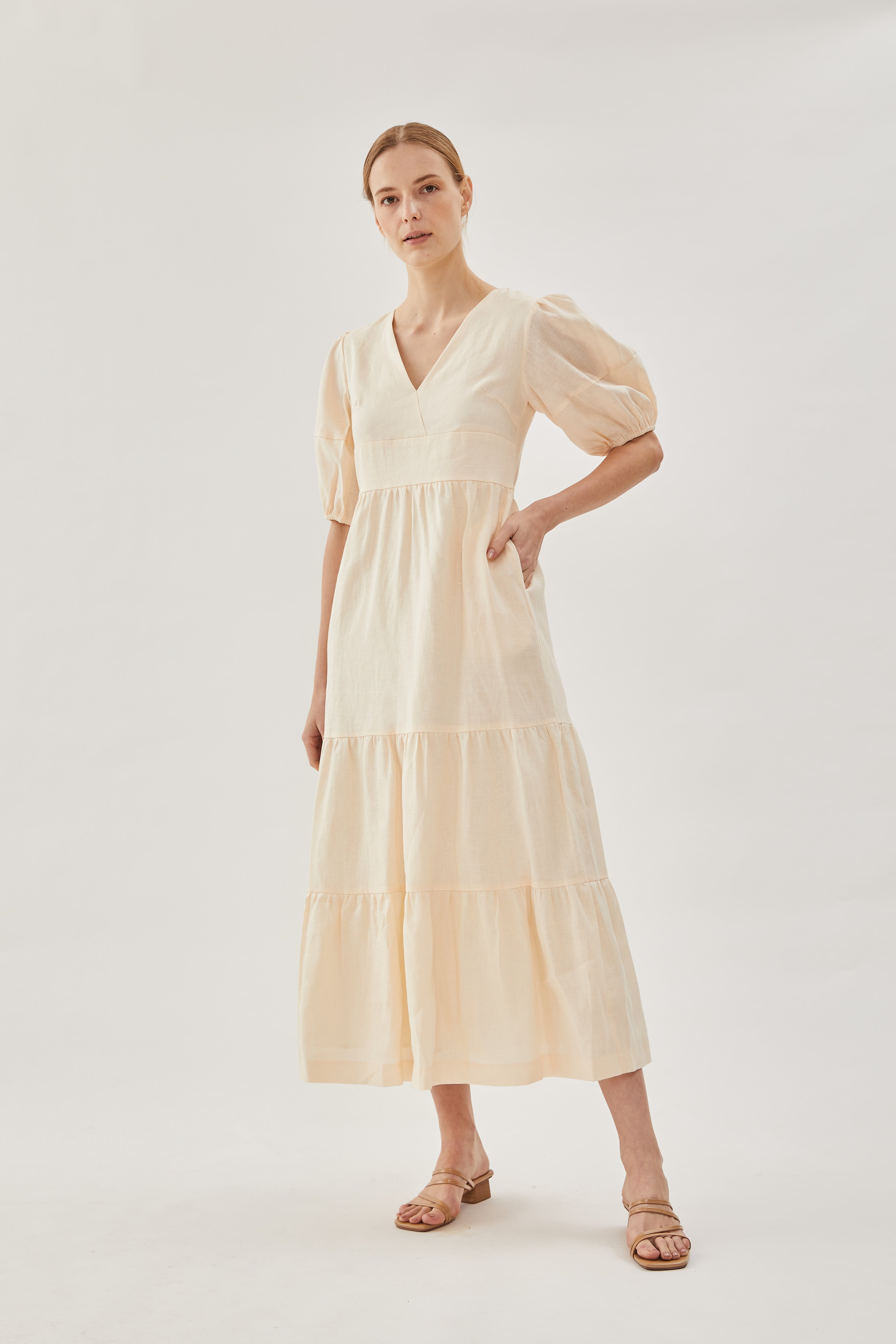 Linen Tiered Maxi Dress in Shell