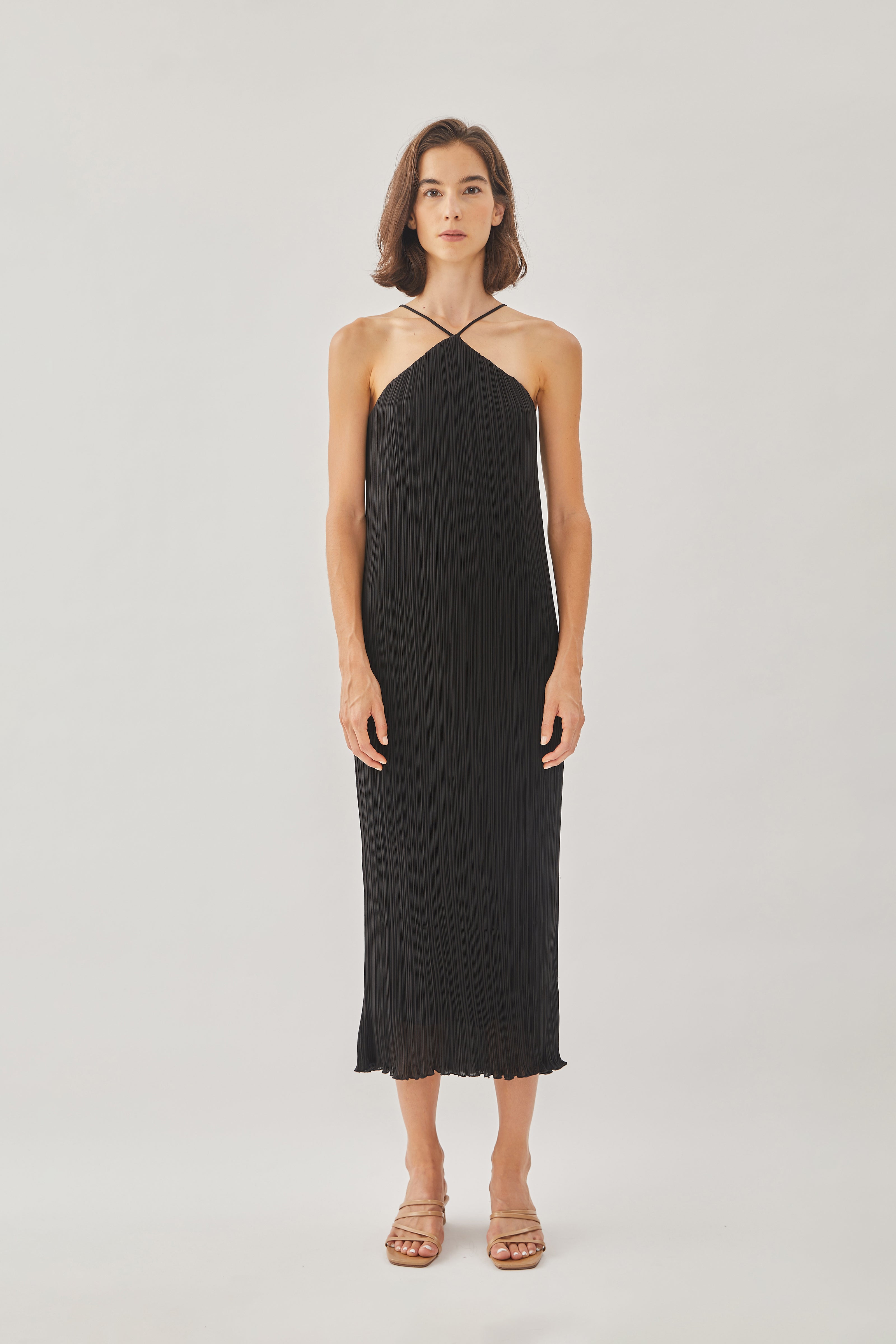Halter Pleated Maxi Dress in Black