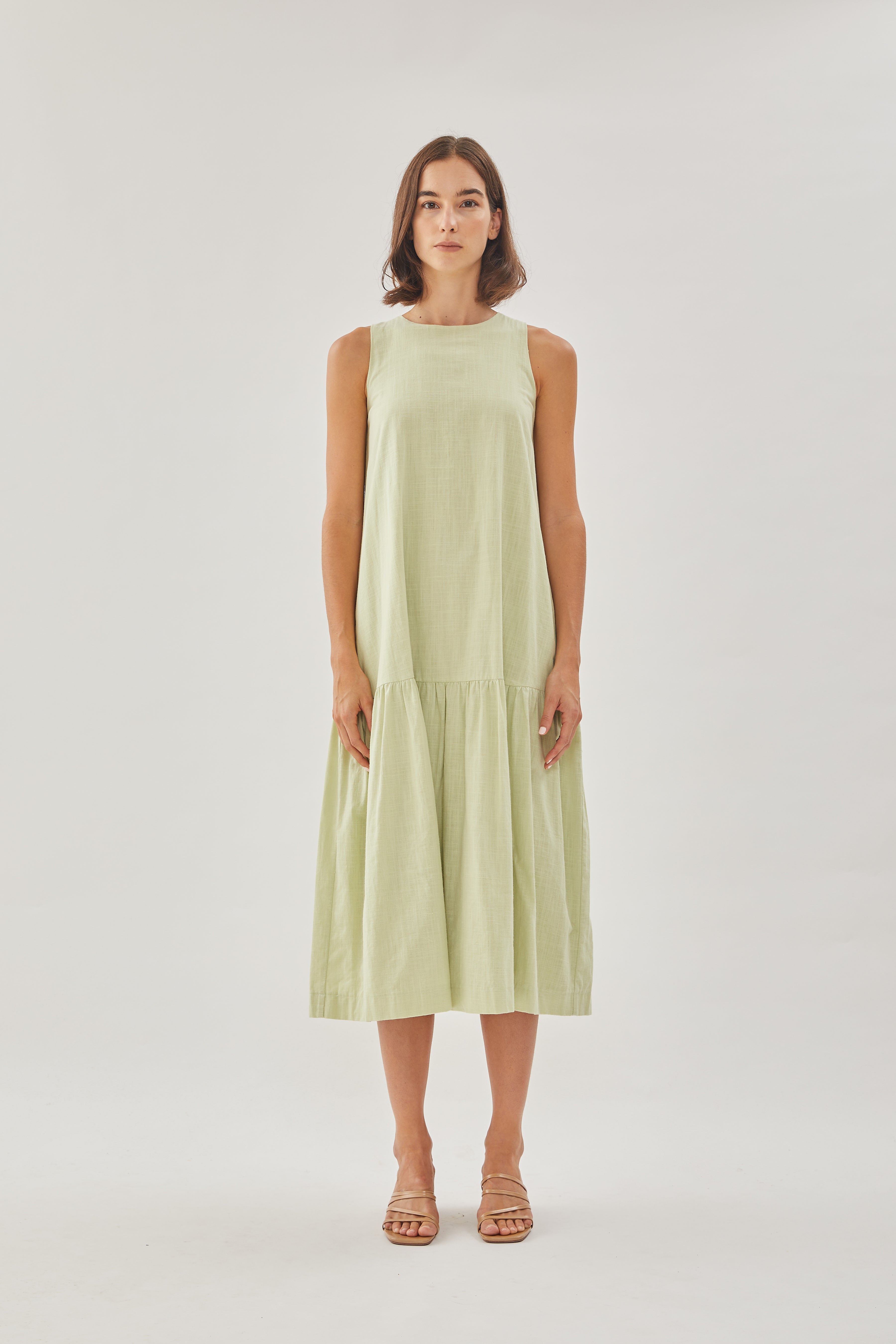 Linen Tiered Dress in Soft Green