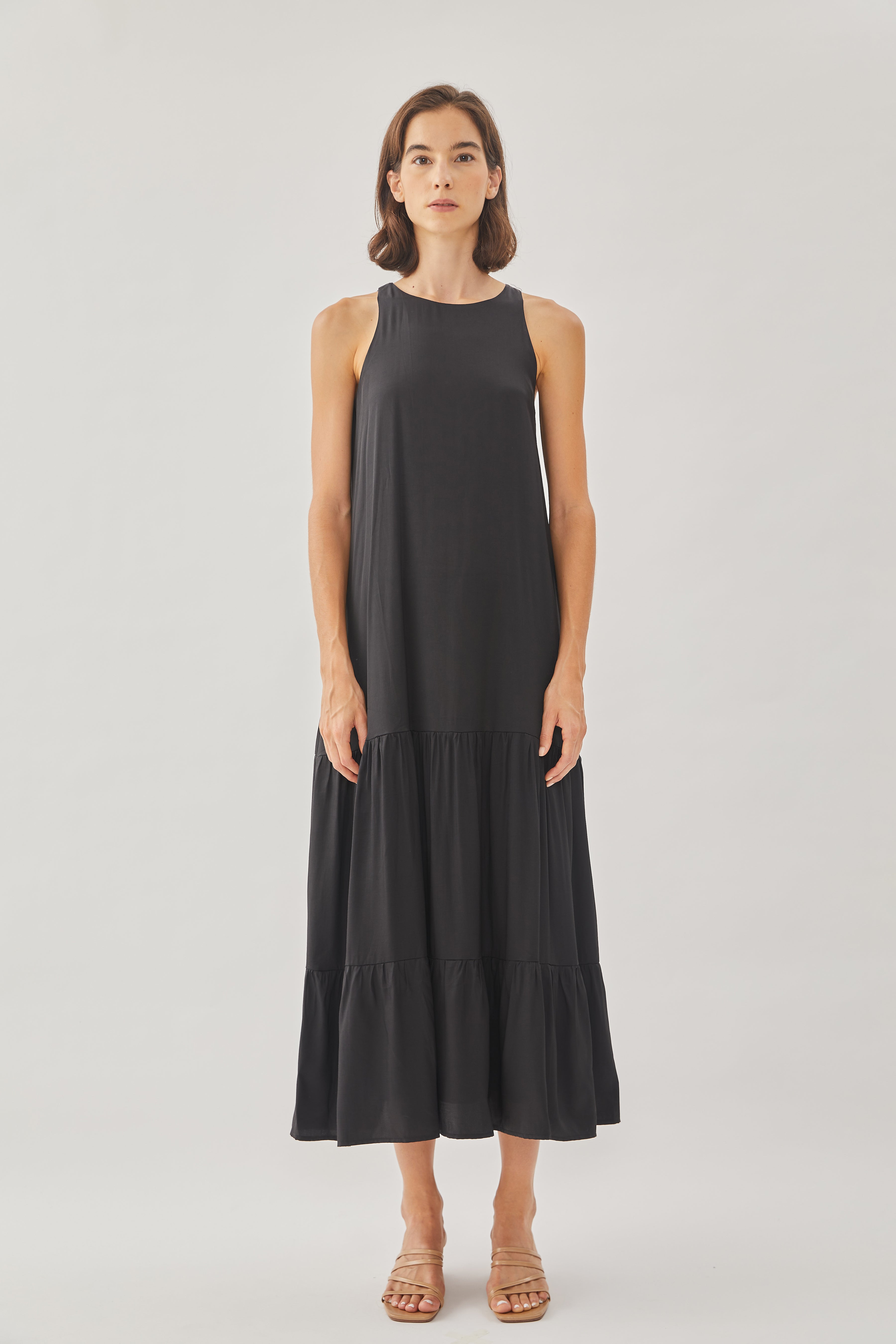 Cotton Blend Tiered Maxi Dress in Black