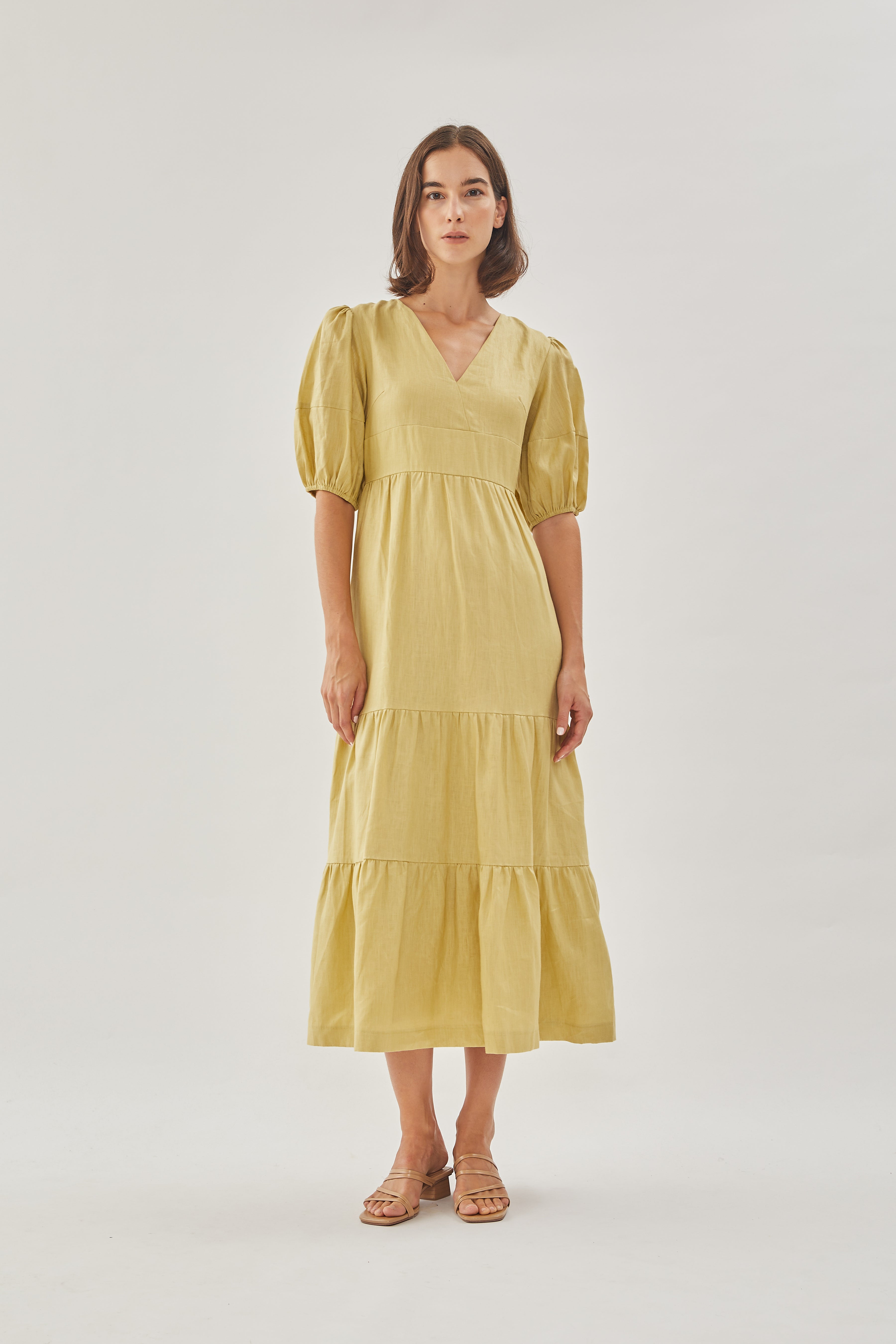 Linen Tiered Maxi Dress in Light Moss