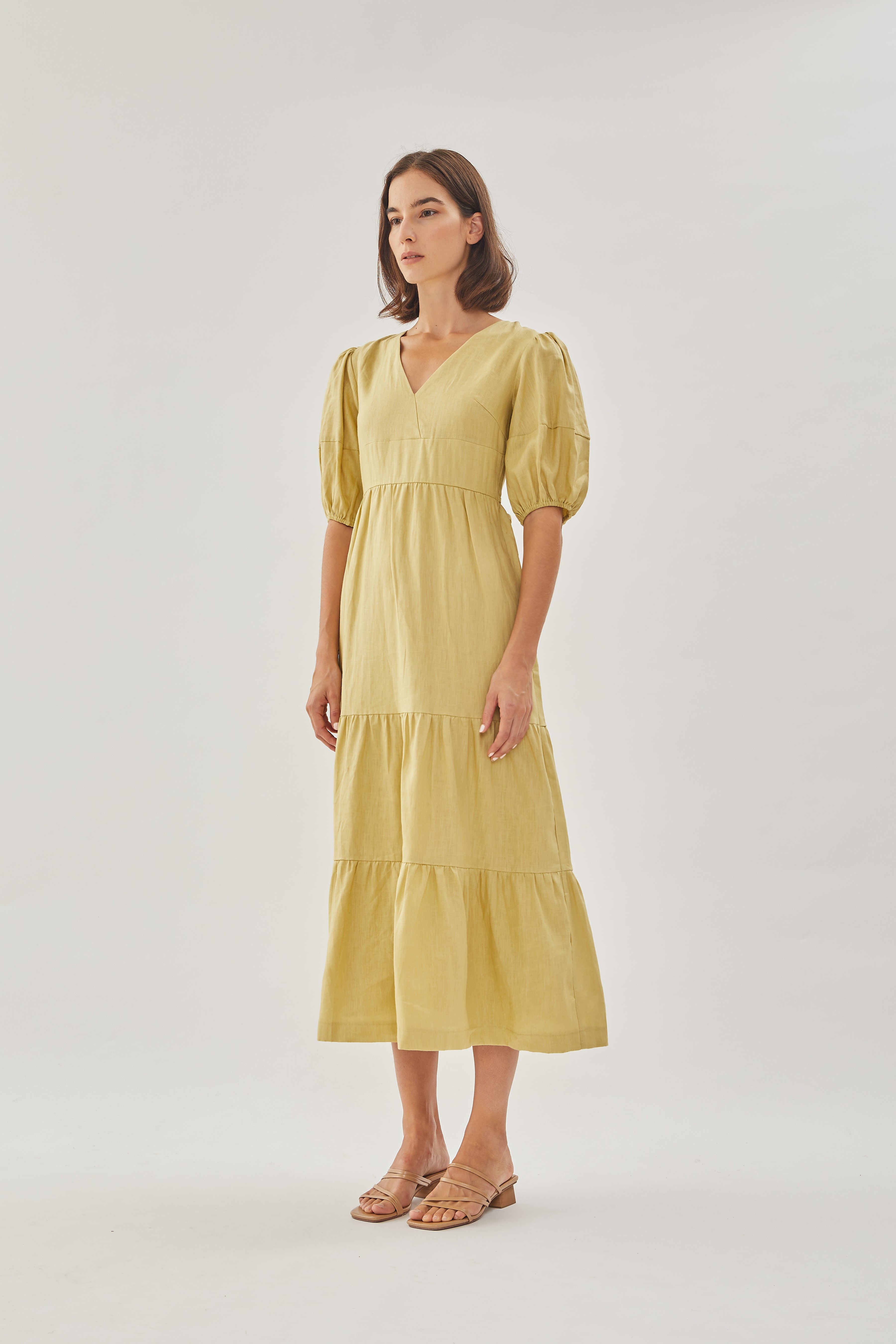 Linen Tiered Maxi Dress in Light Moss
