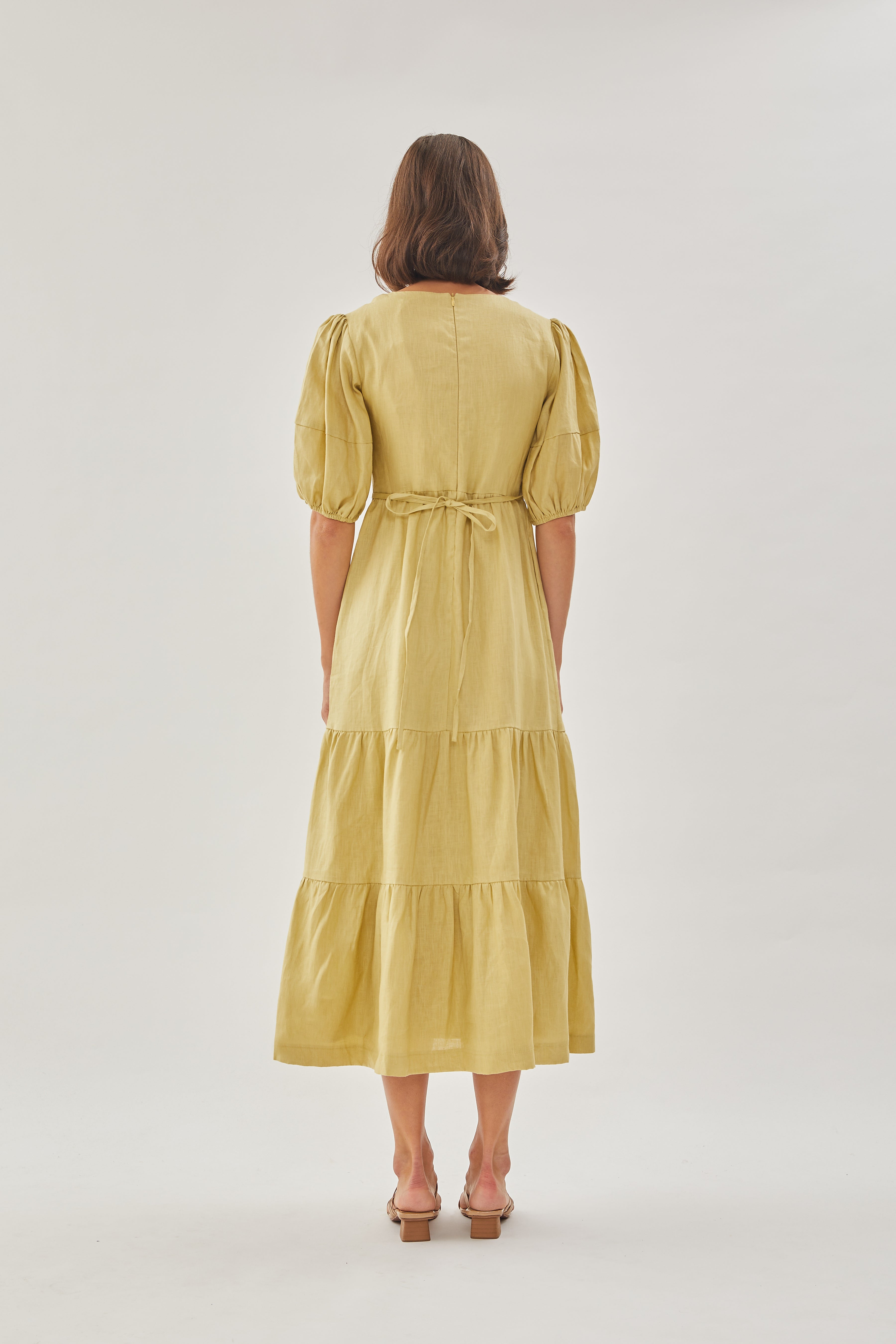 Linen Tiered Maxi Dress in Light Moss