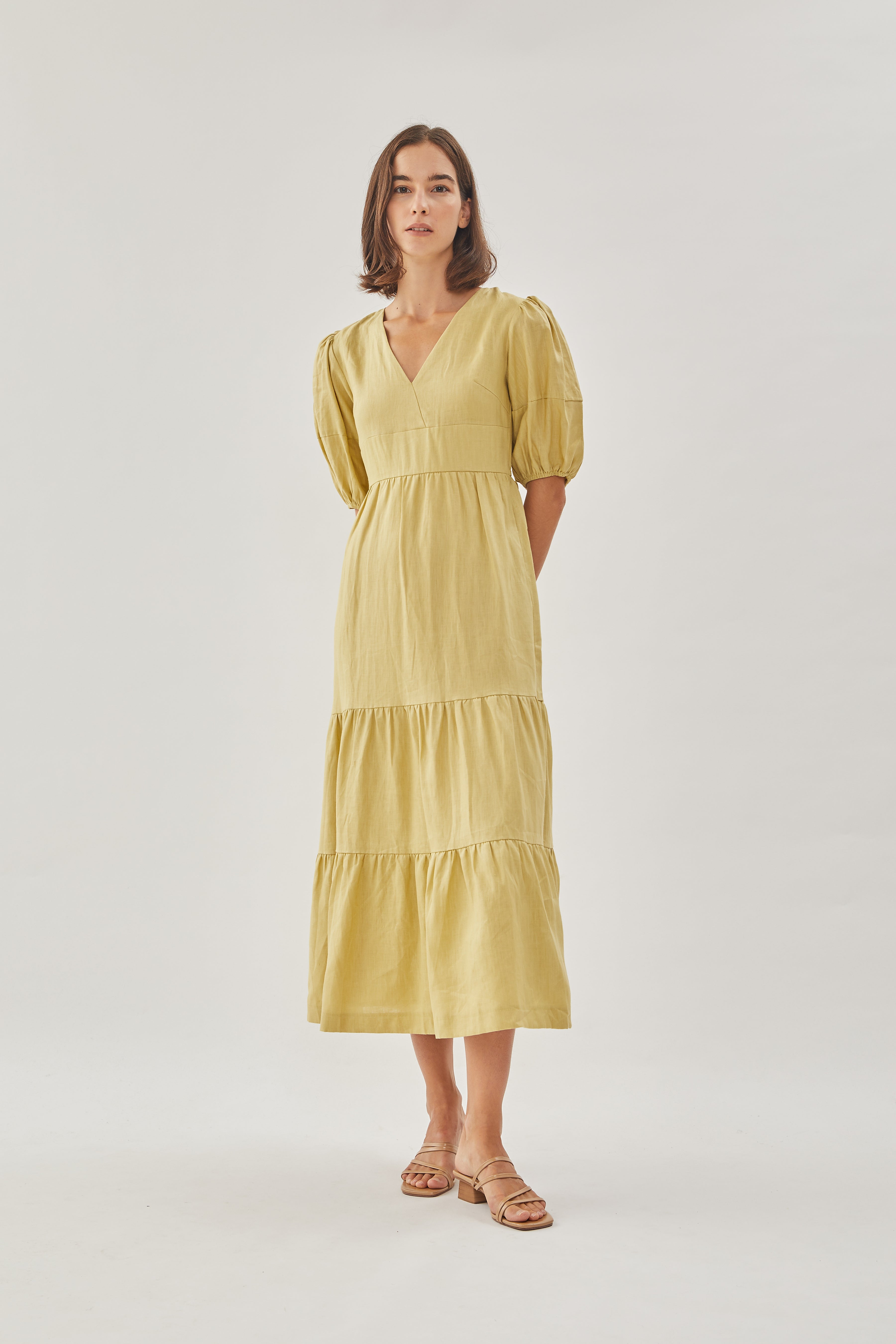 Linen Tiered Maxi Dress in Light Moss