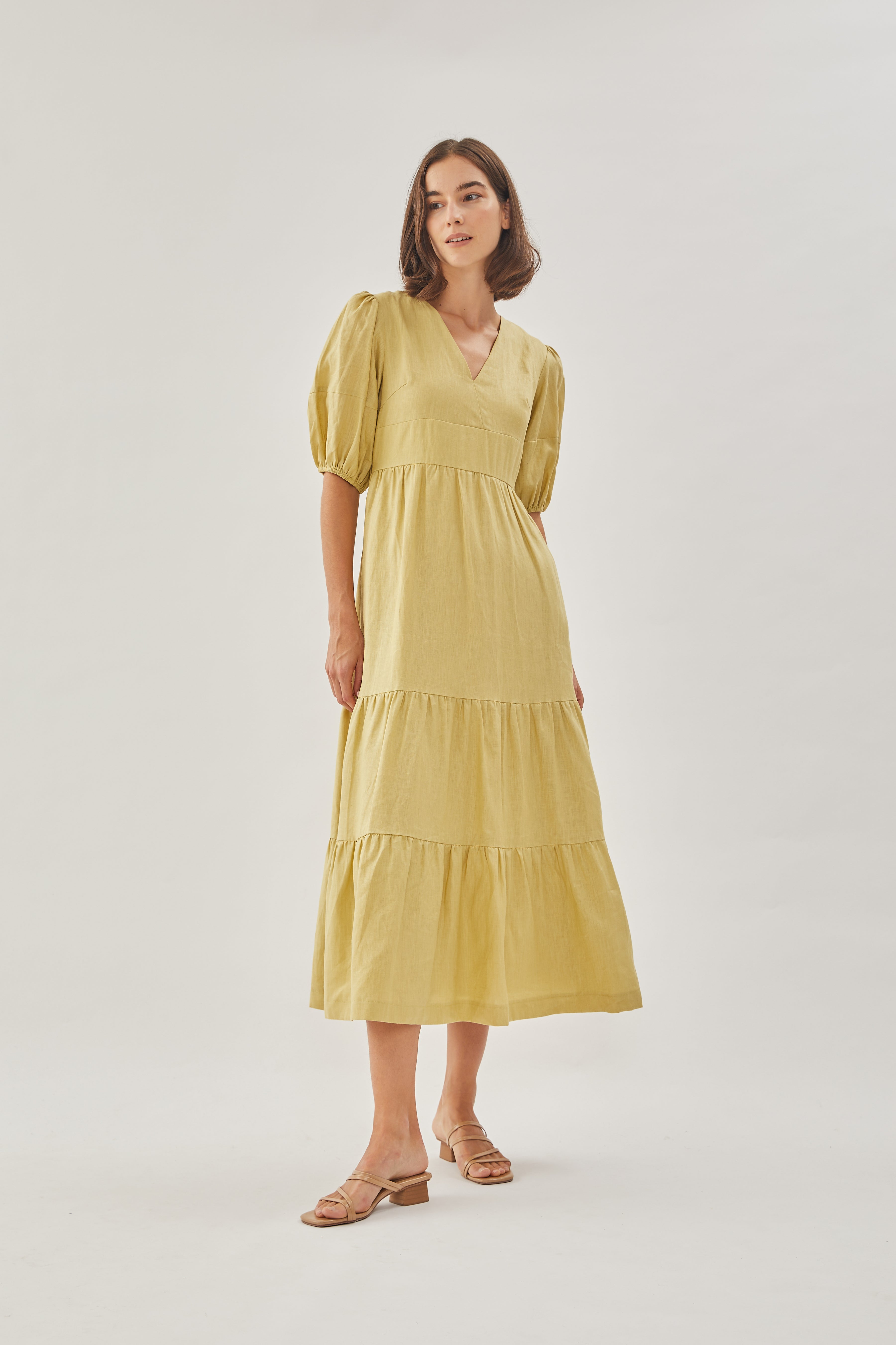 Linen Tiered Maxi Dress in Light Moss