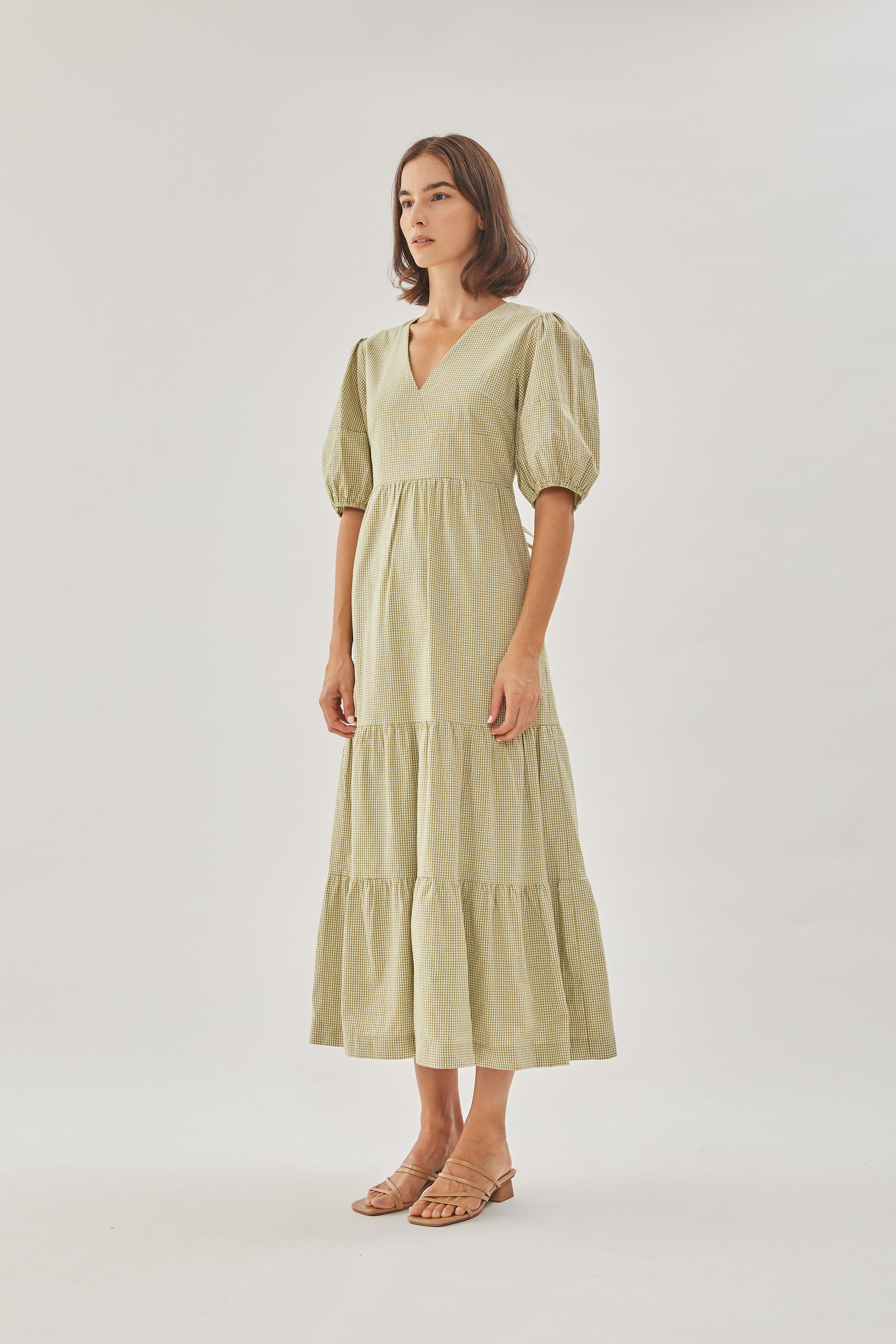 Cotton Tiered Maxi Dress in Checkered Olive