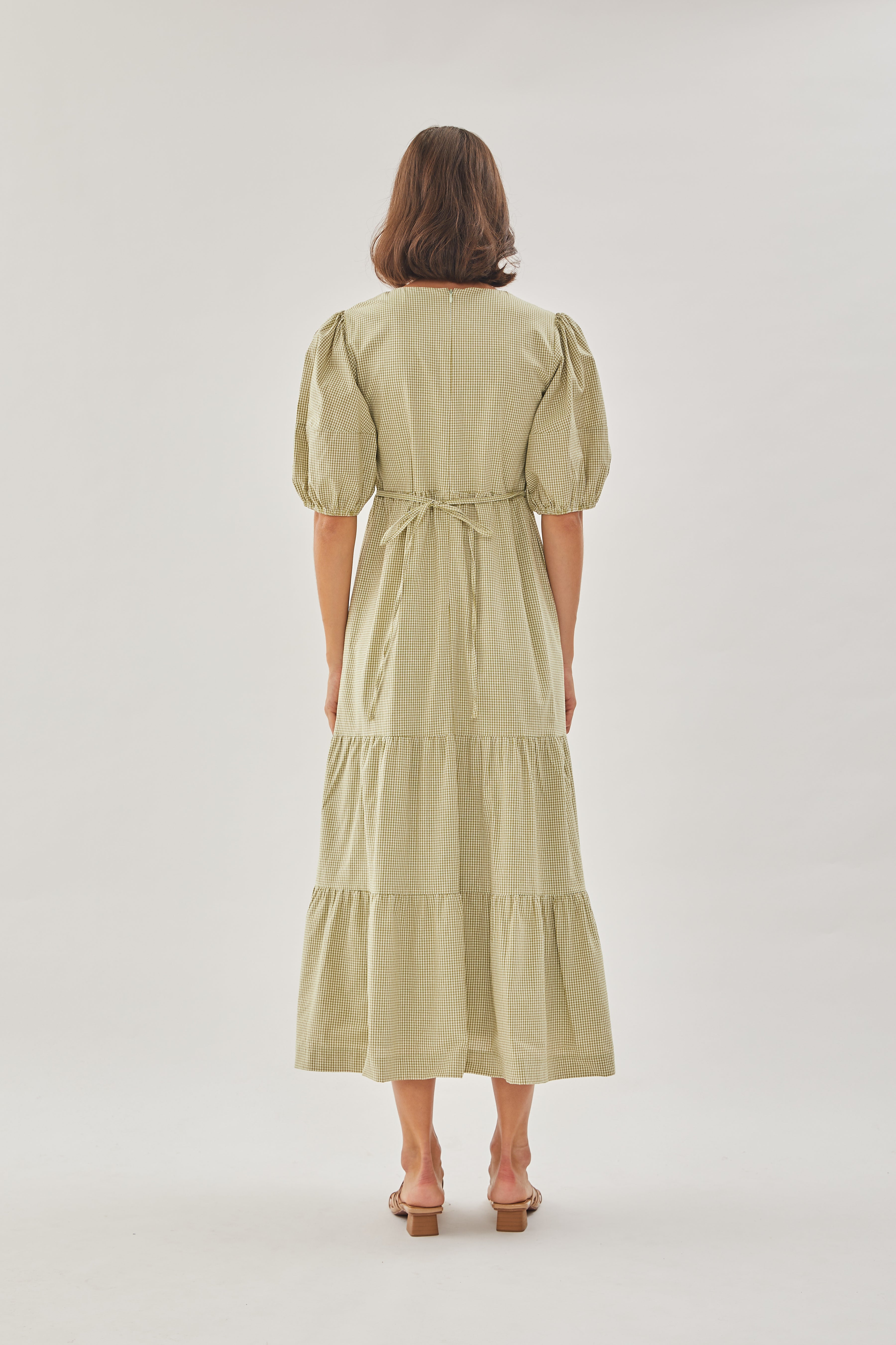 Cotton Tiered Maxi Dress in Checkered Olive
