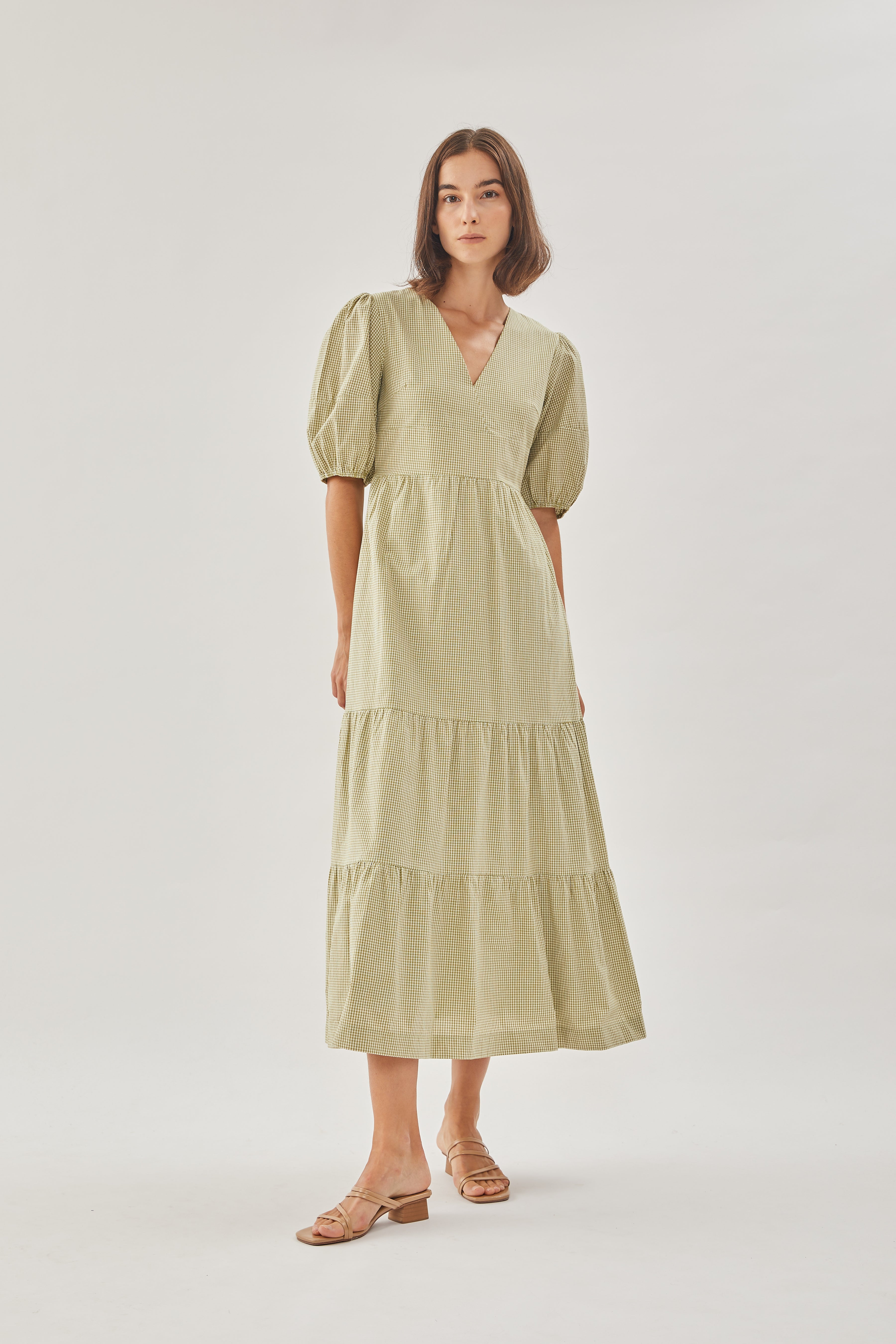 Cotton Tiered Maxi Dress in Checkered Olive