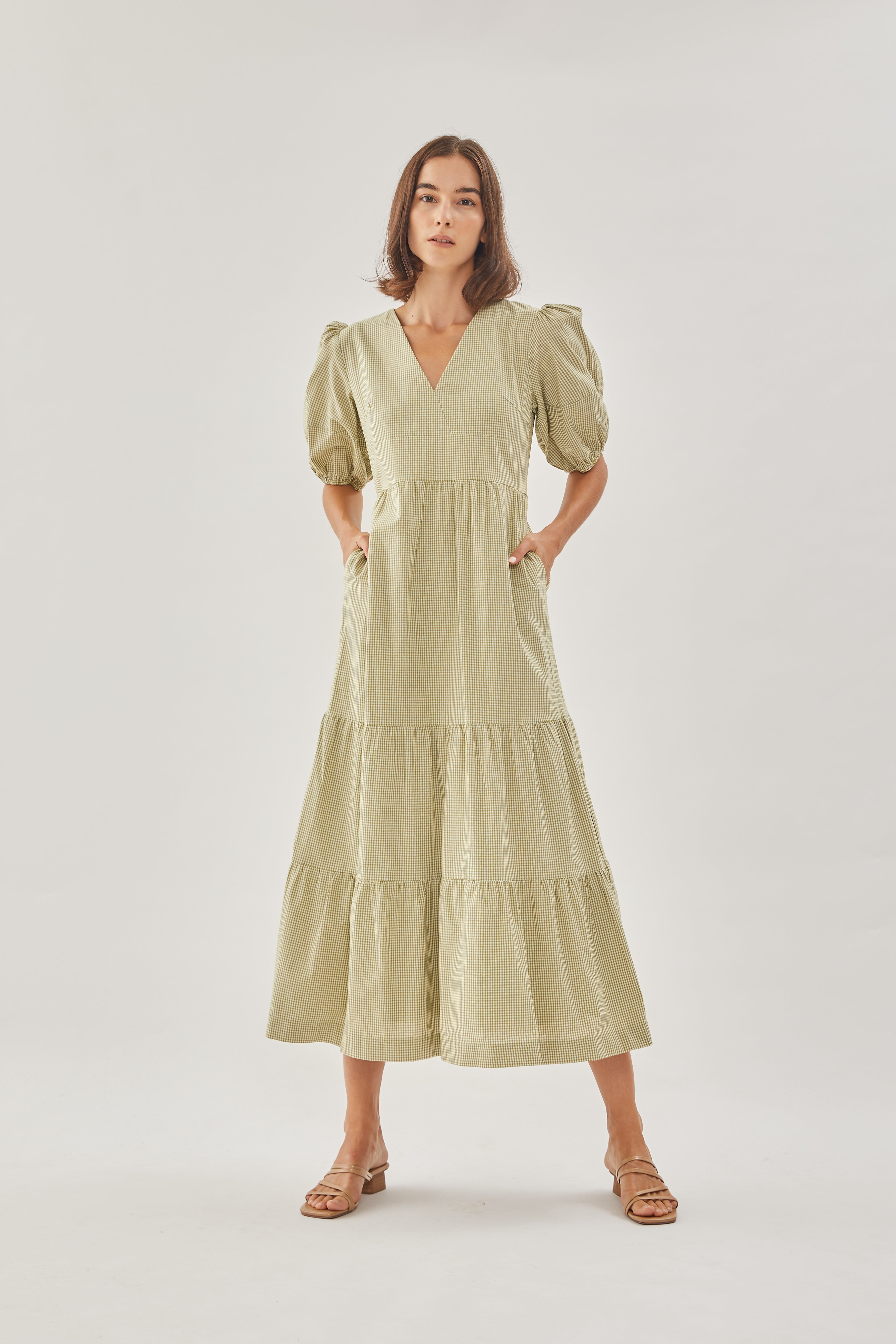 Cotton Tiered Maxi Dress in Checkered Olive