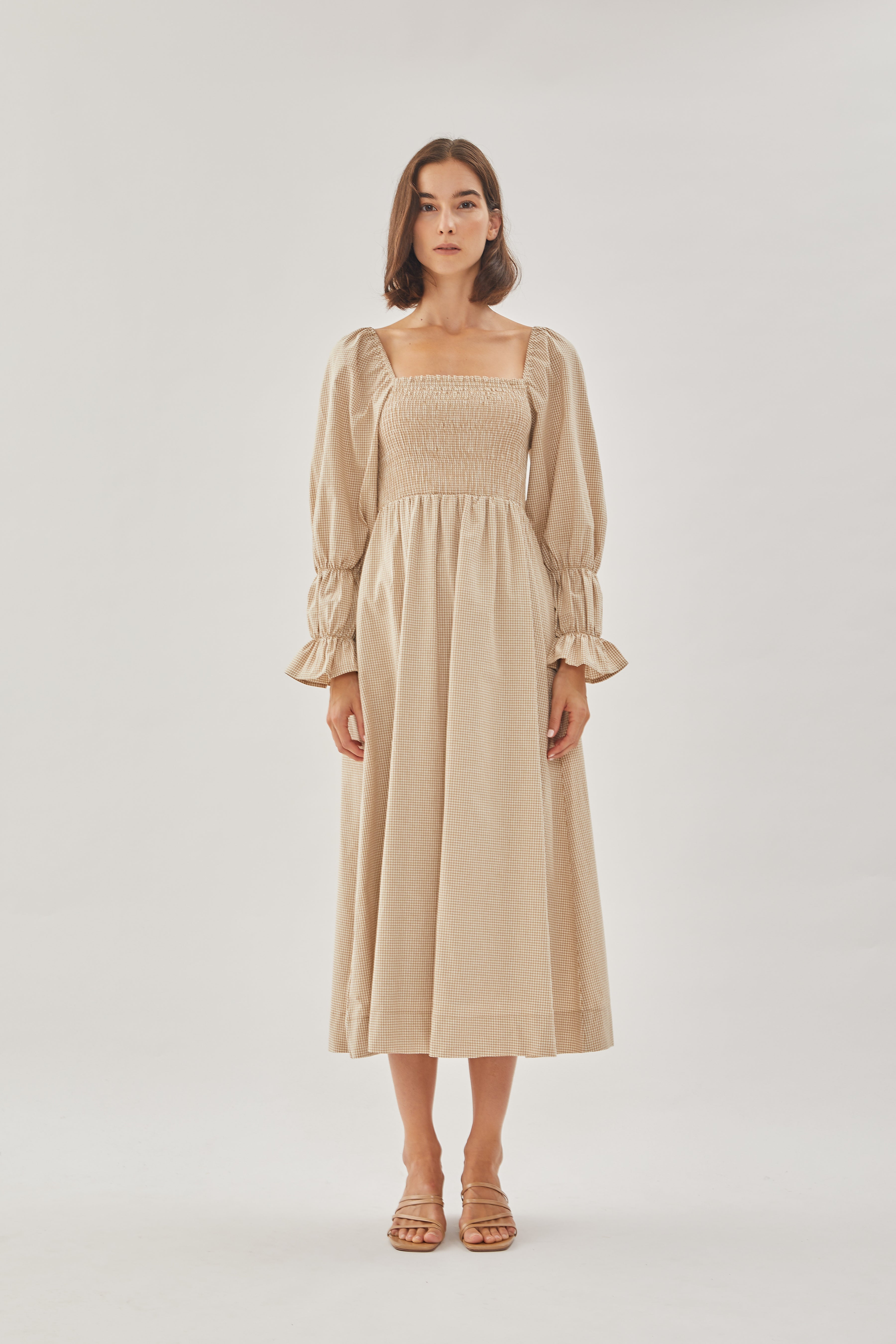 Cotton Shirred Dress in Checkered Sand