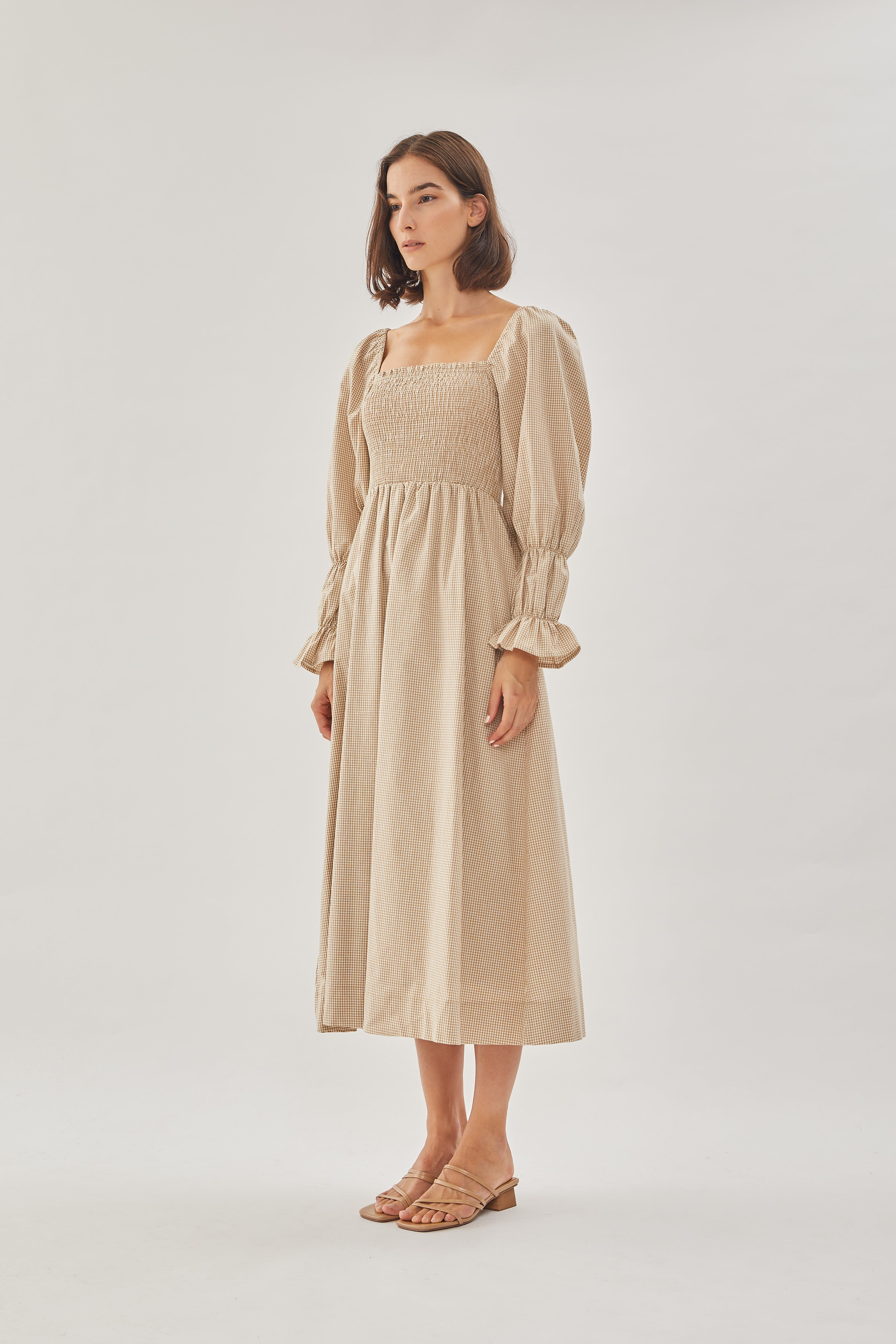 Cotton Shirred Dress in Checkered Sand