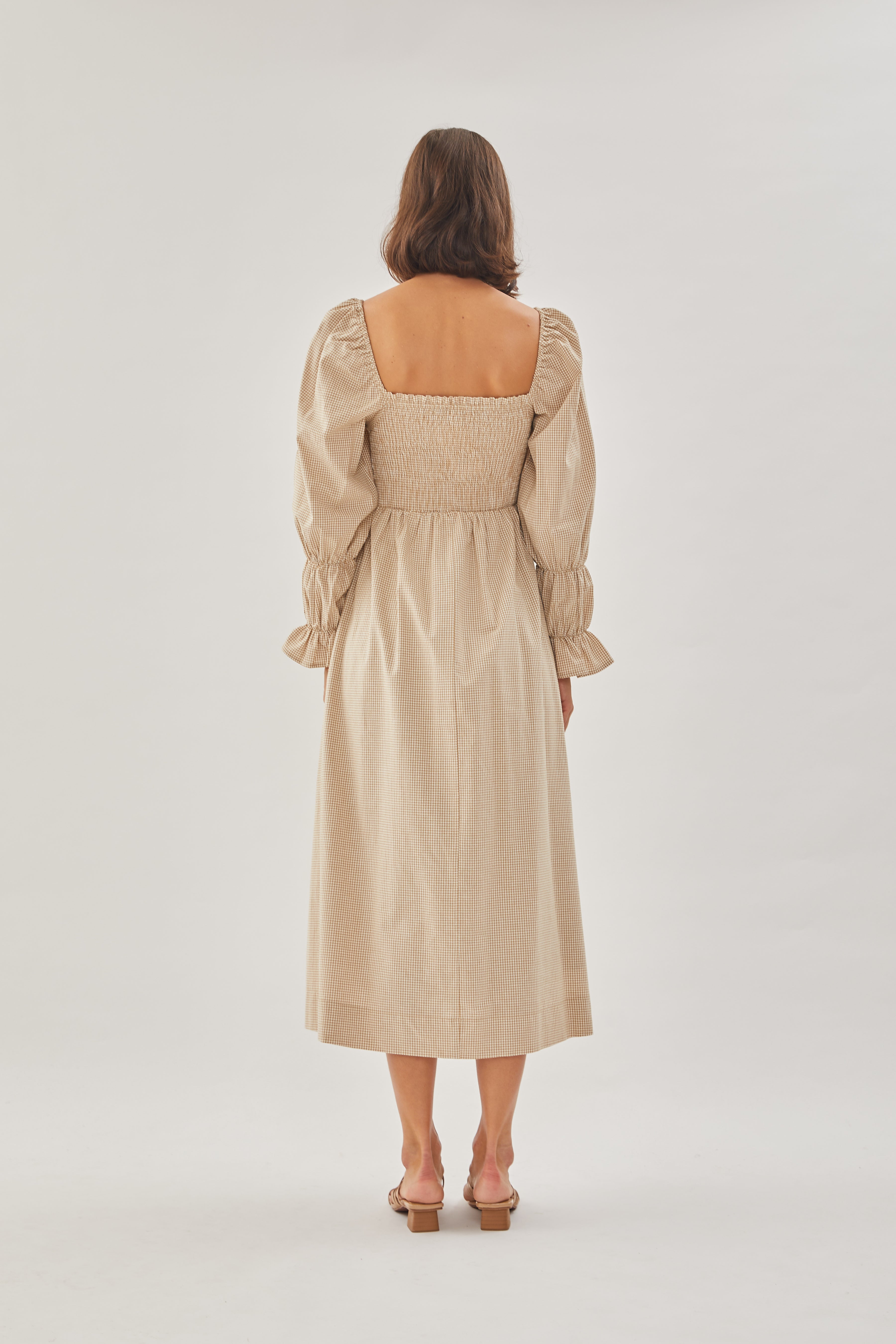 Cotton Shirred Dress in Checkered Sand