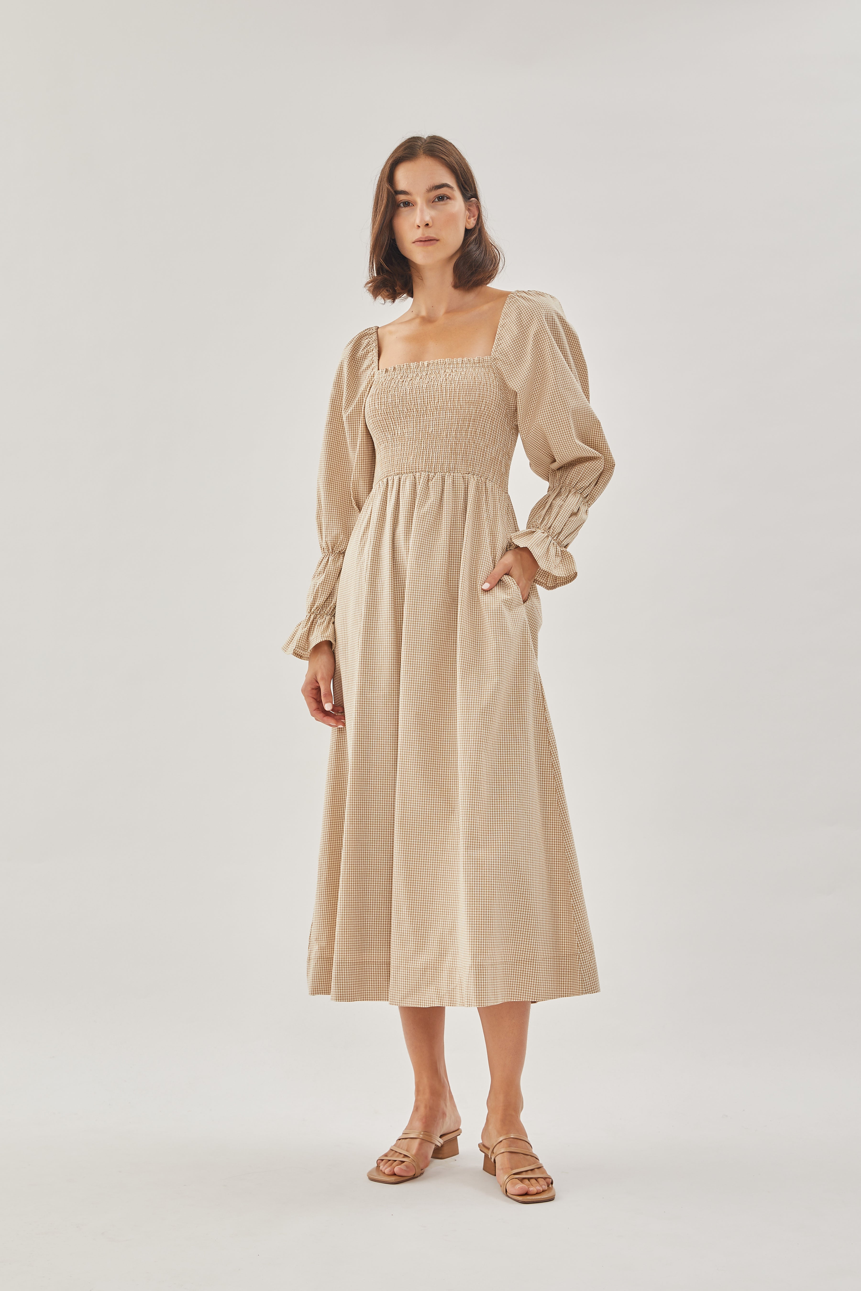 Cotton Shirred Dress in Checkered Sand