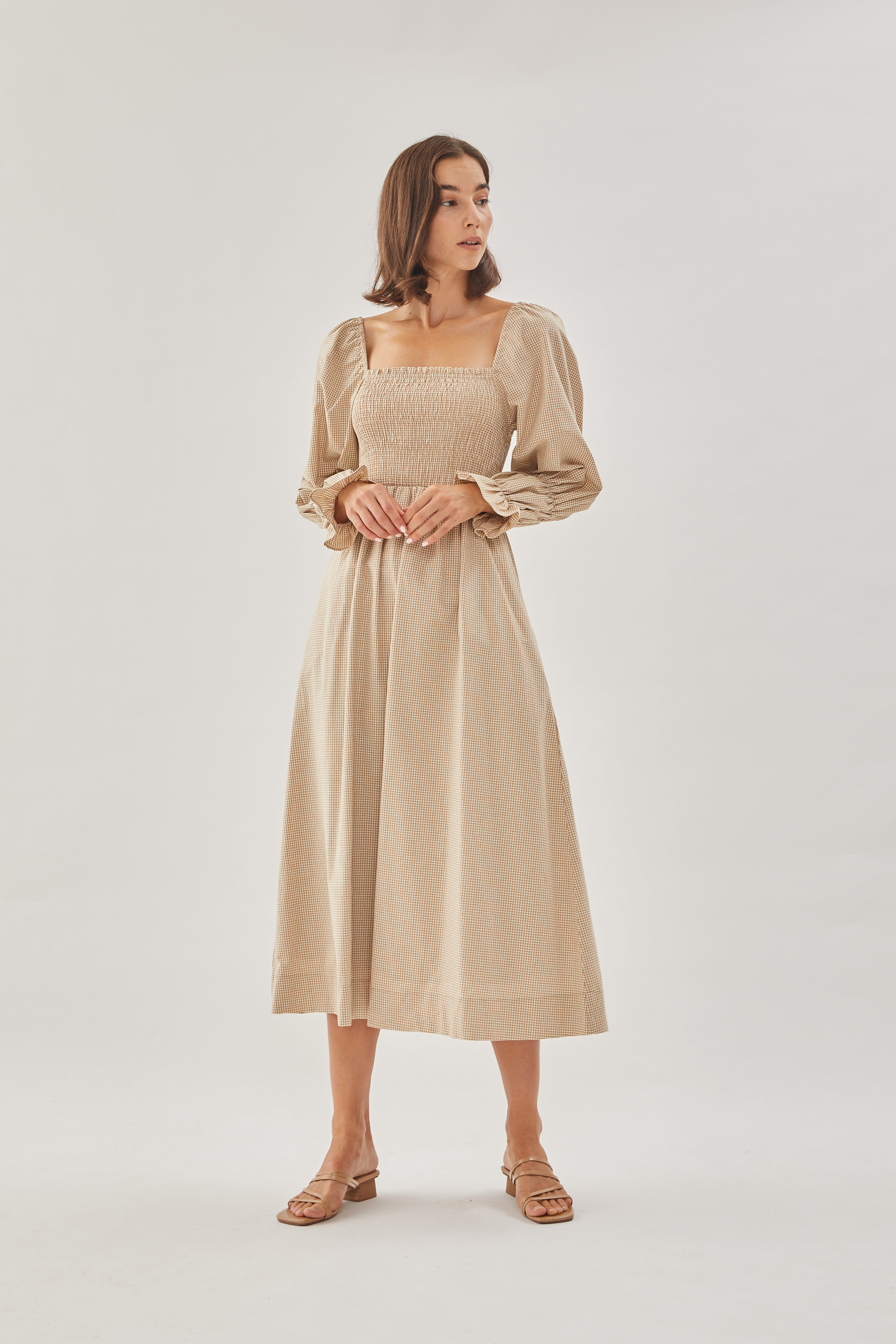 Cotton Shirred Dress in Checkered Sand