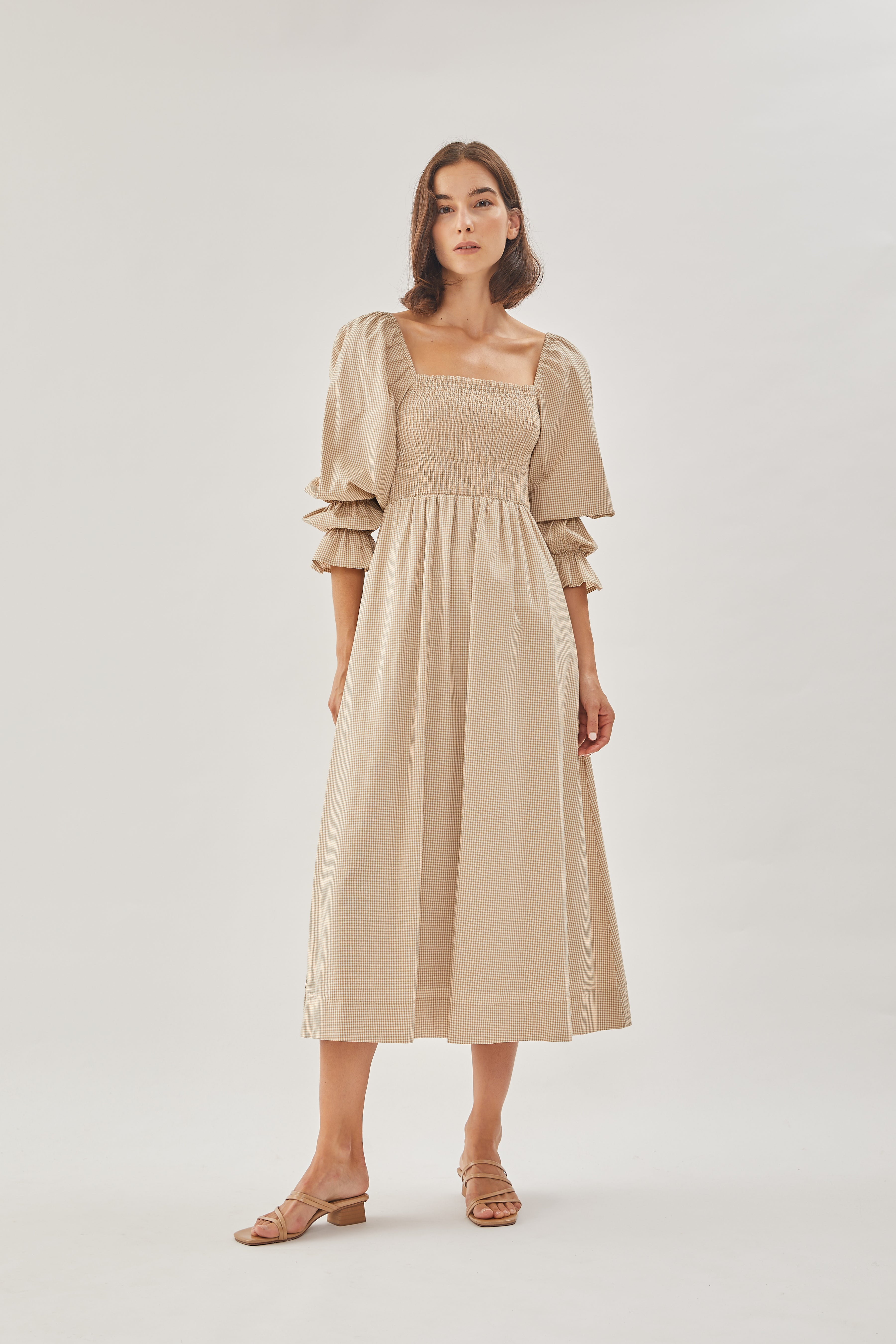 Cotton Shirred Dress in Checkered Sand