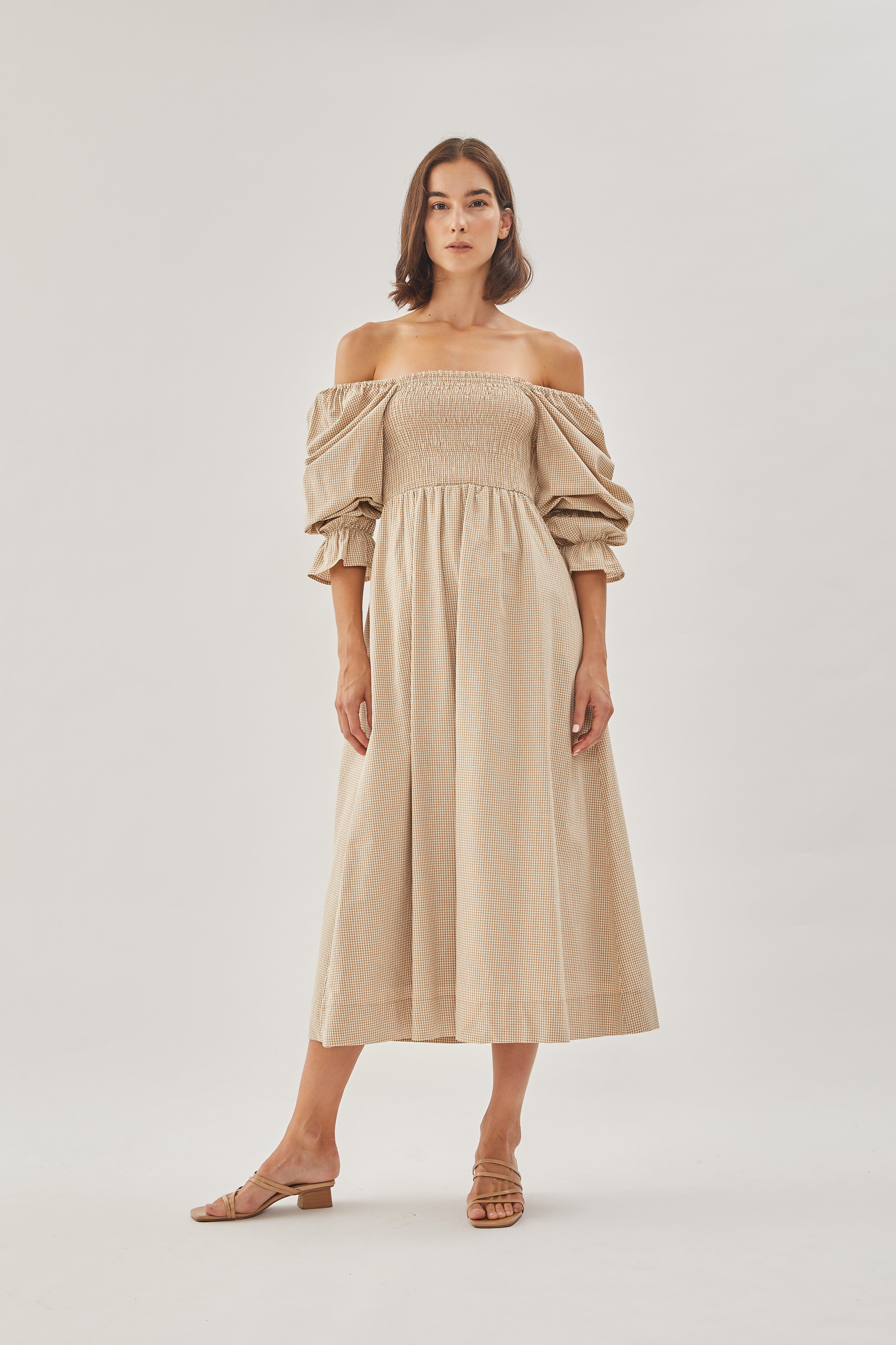 Cotton Shirred Dress in Checkered Sand