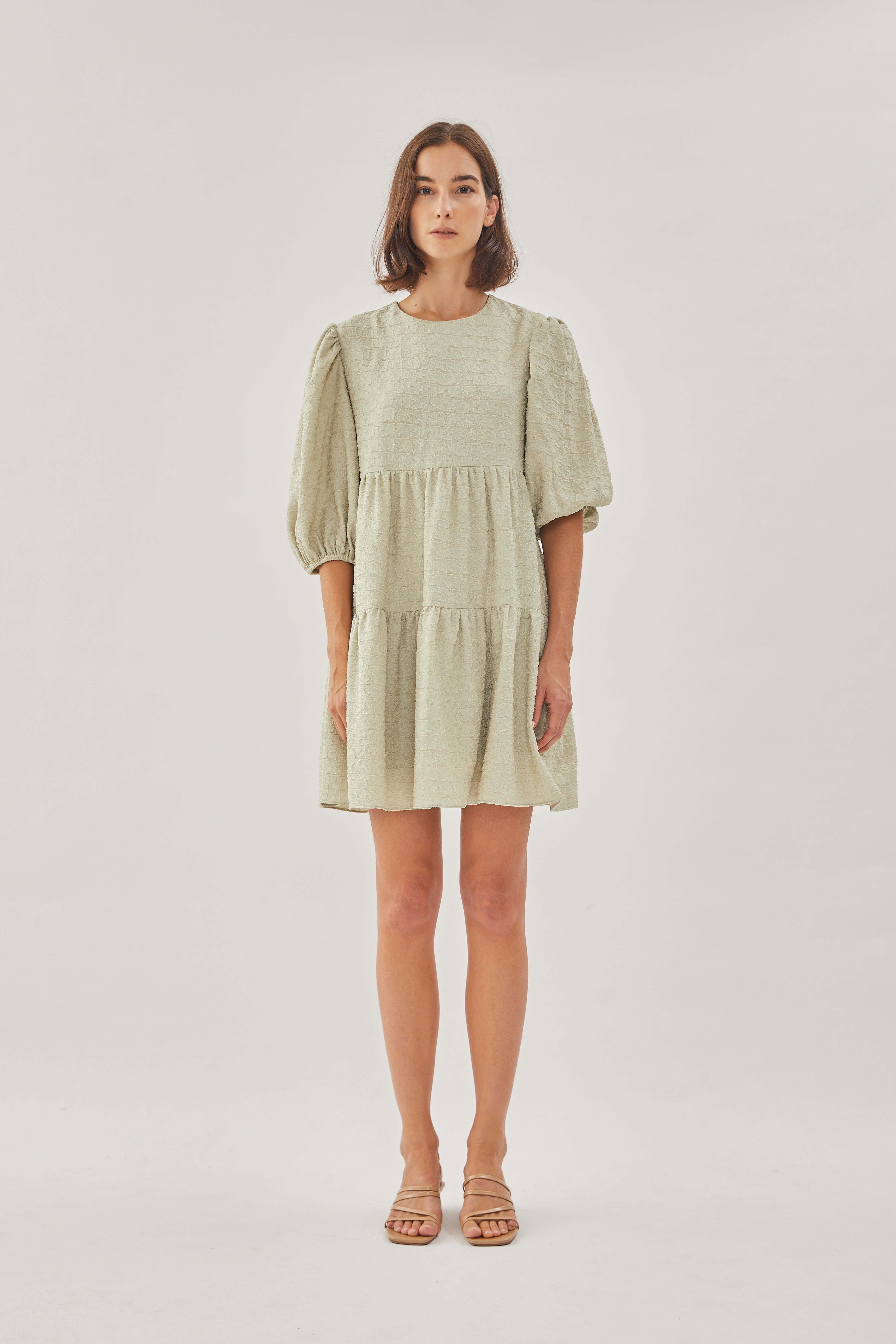 Textured Puffed Sleeved Mini Dress in Sea Mist