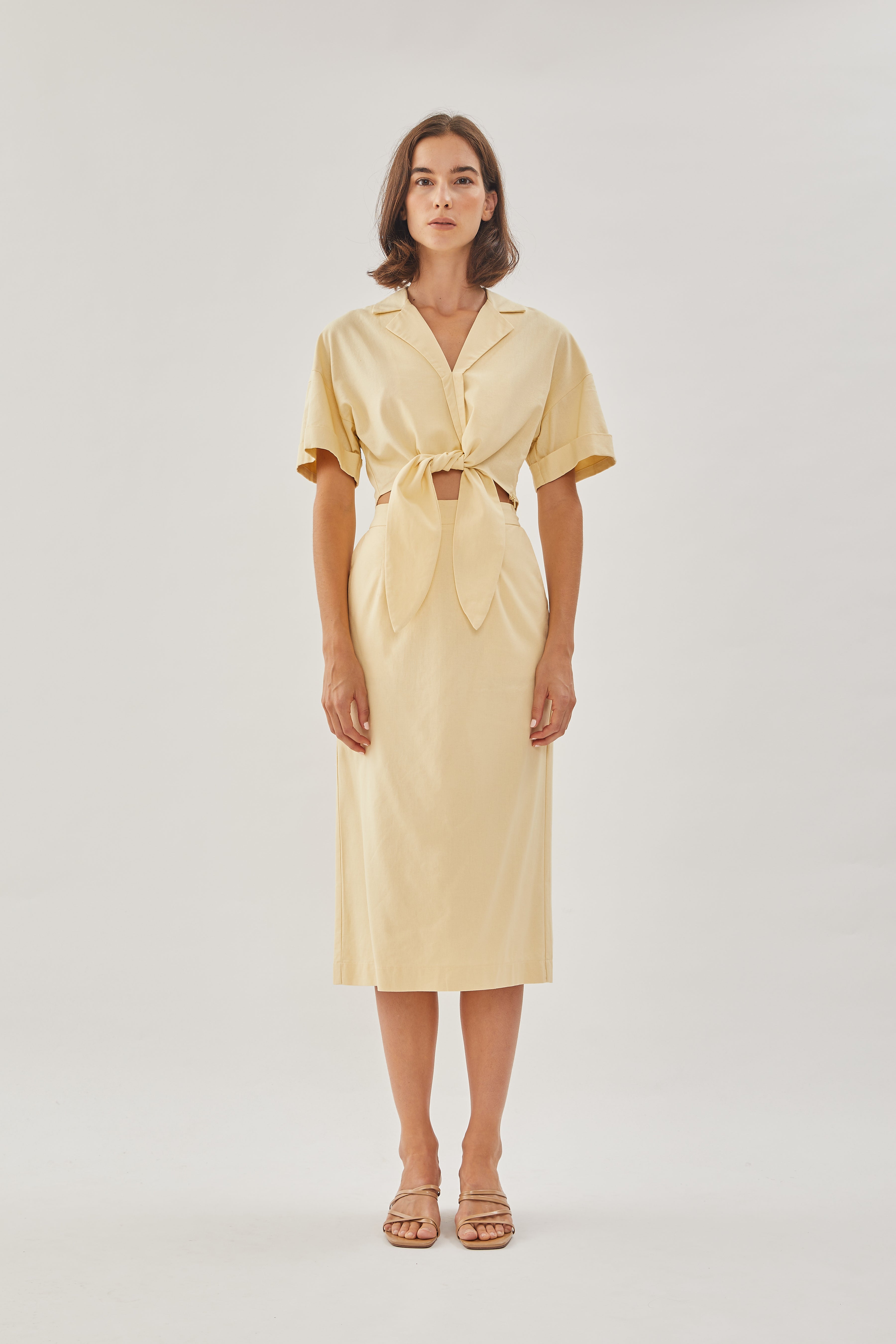 Linen Straight Skirt in Soft Yellow