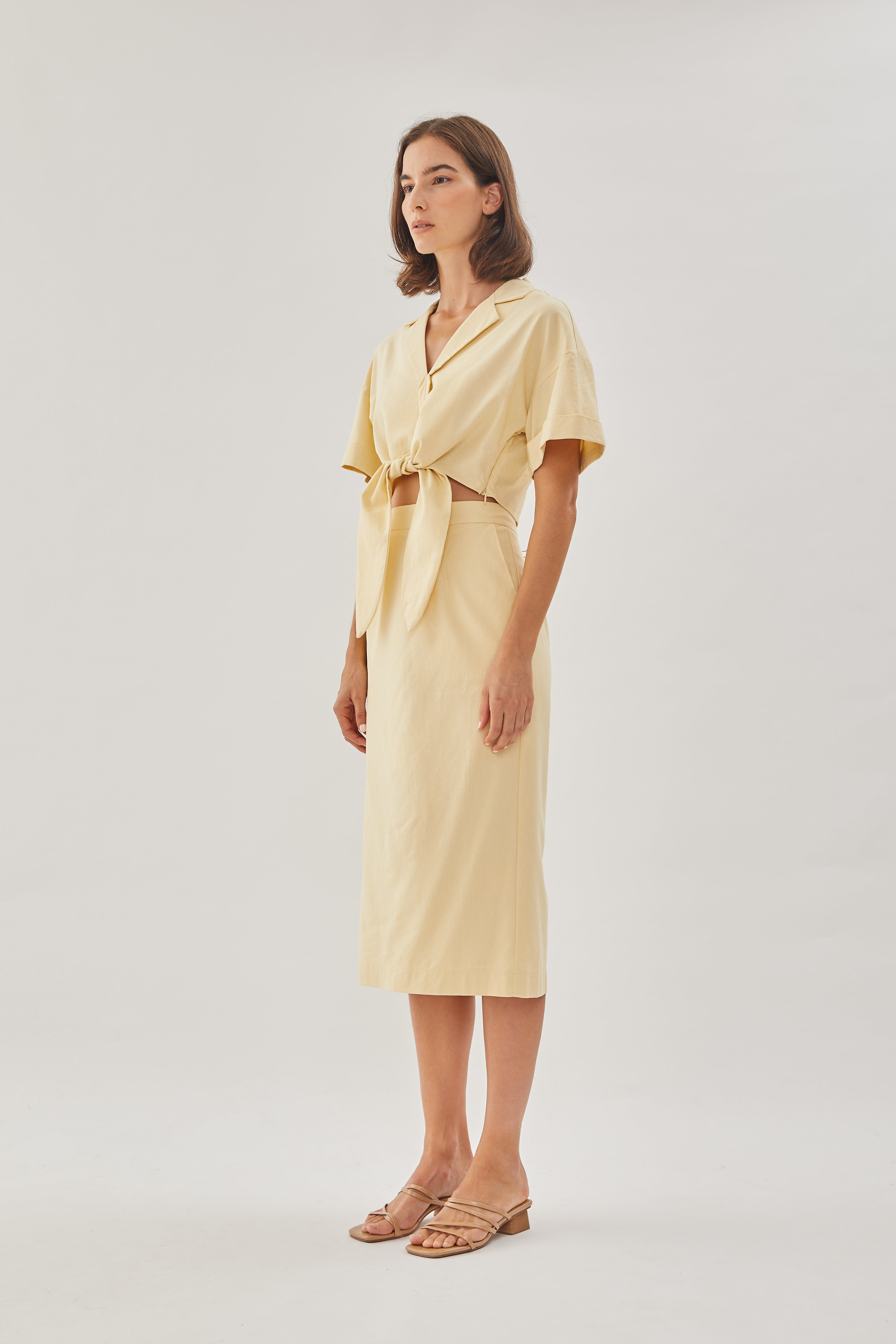 Linen Straight Skirt in Soft Yellow